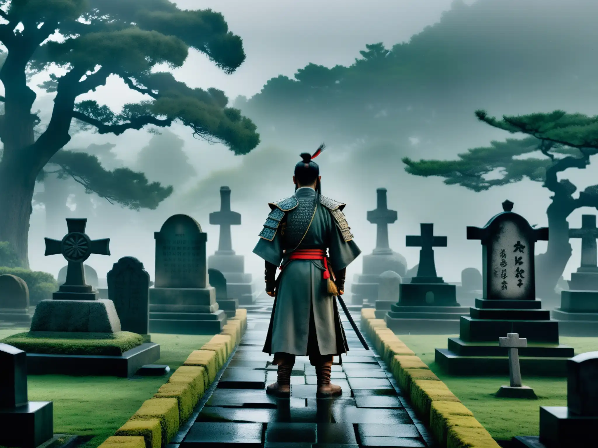 Misterioso cementerio de samuráis antiguos envuelto en niebla, con estatuas y tumbas cubiertas de musgo