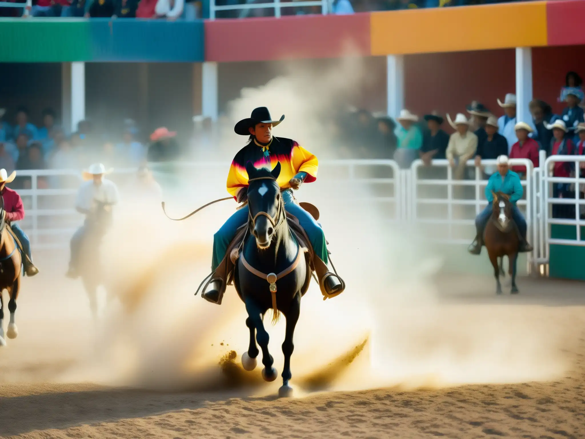 El misterioso Charro Negro en un rodeo tradicional mexicano rodeando un caballo negro, evocando el origen y significado del Charro Negro