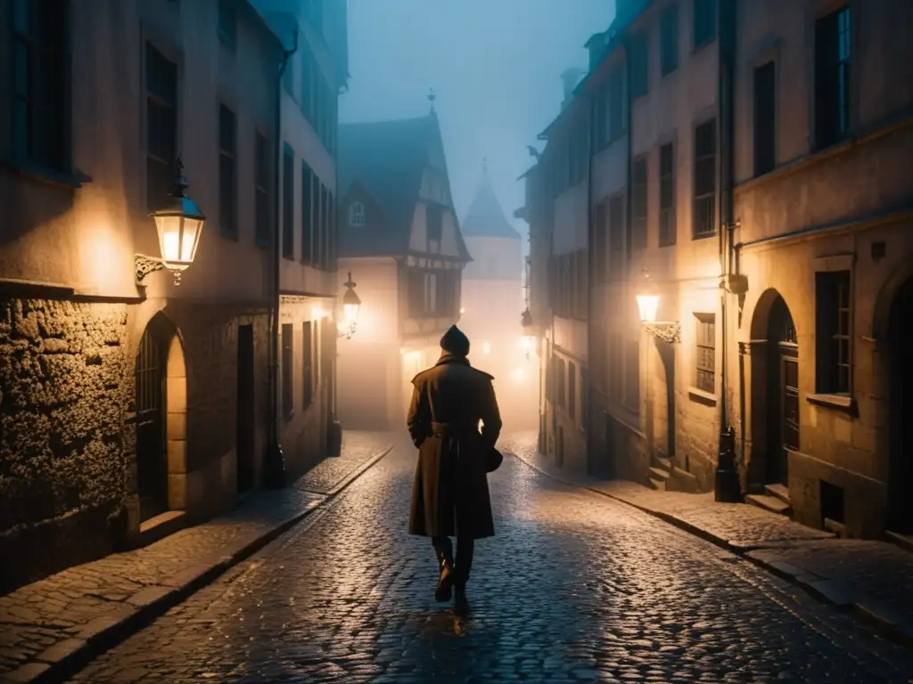 Alley misterioso en ciudad europea con niebla y figura en sombras bajo farola