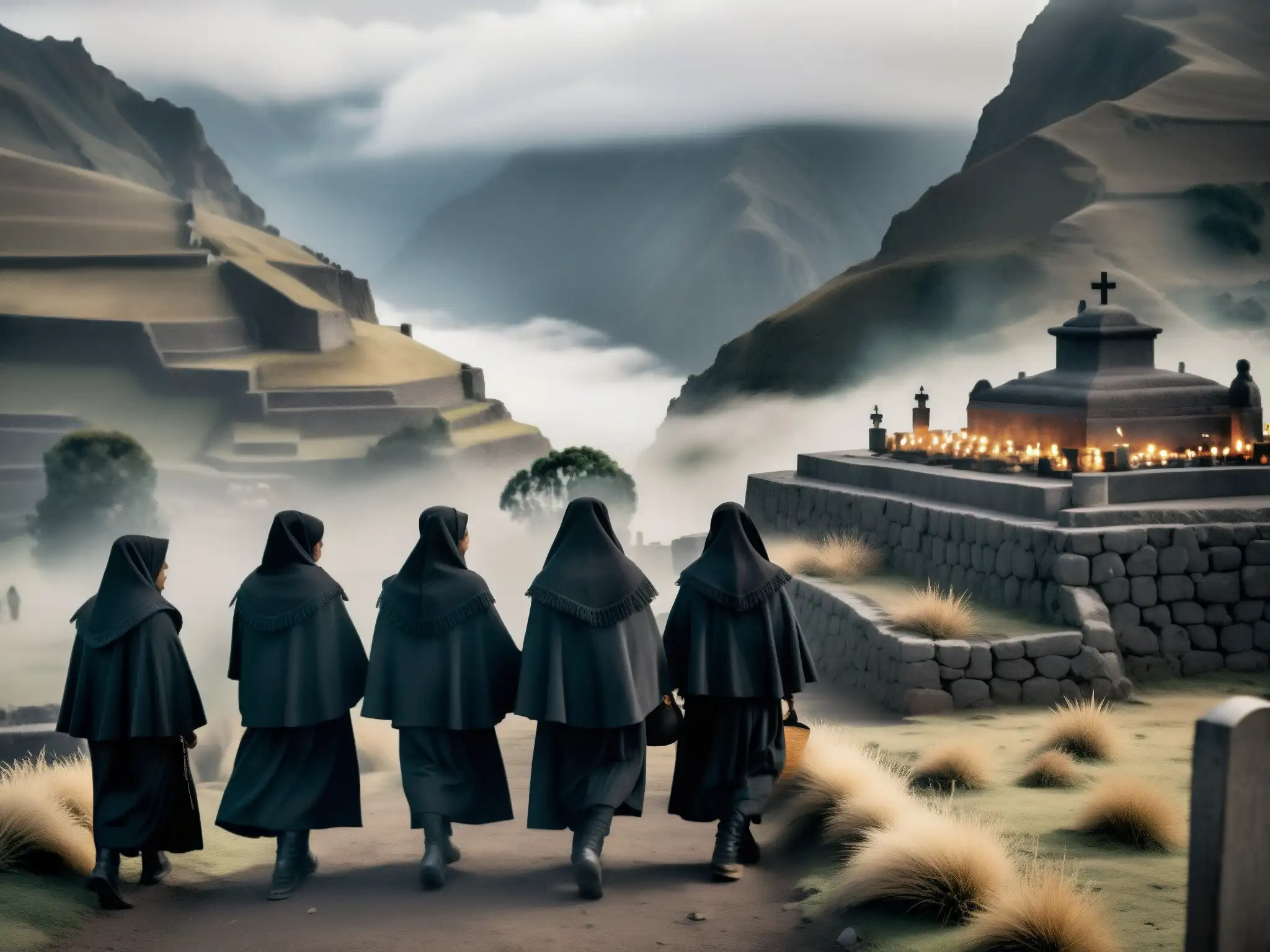 Un misterioso cortejo fúnebre andino de mujeres vestidas de negro, rodeadas de montañas neblinosas y ruinas antiguas