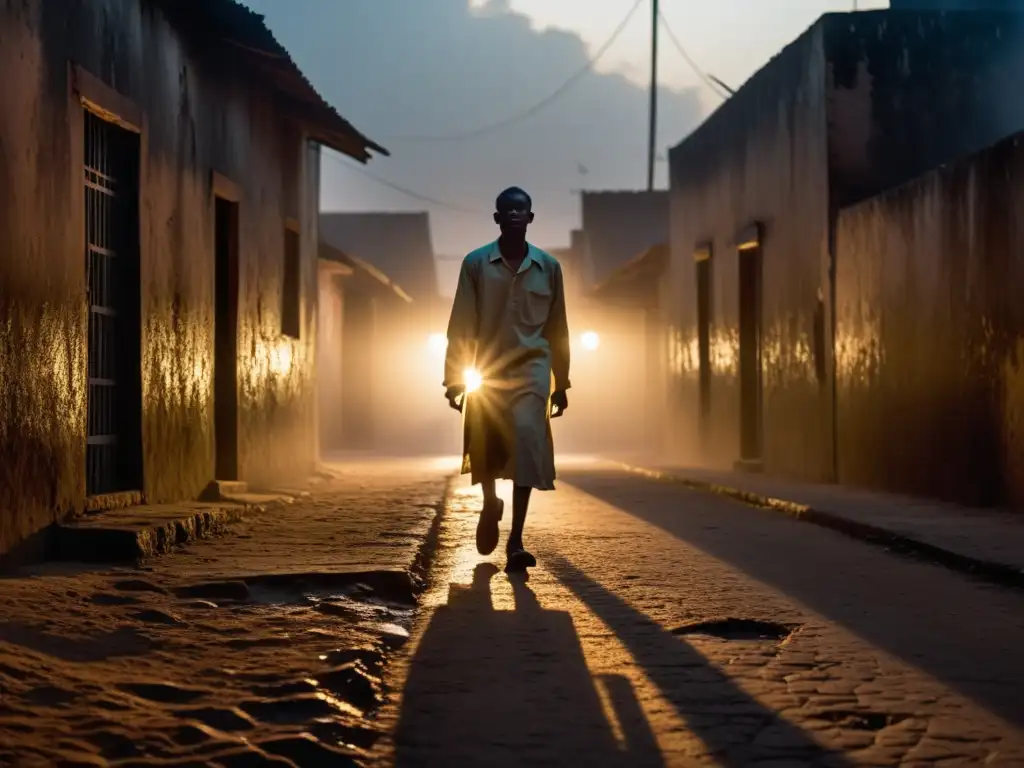 Alley misterioso en Cotonú, Benin, con leyenda vagabundo inmortal entre la niebla y sombras