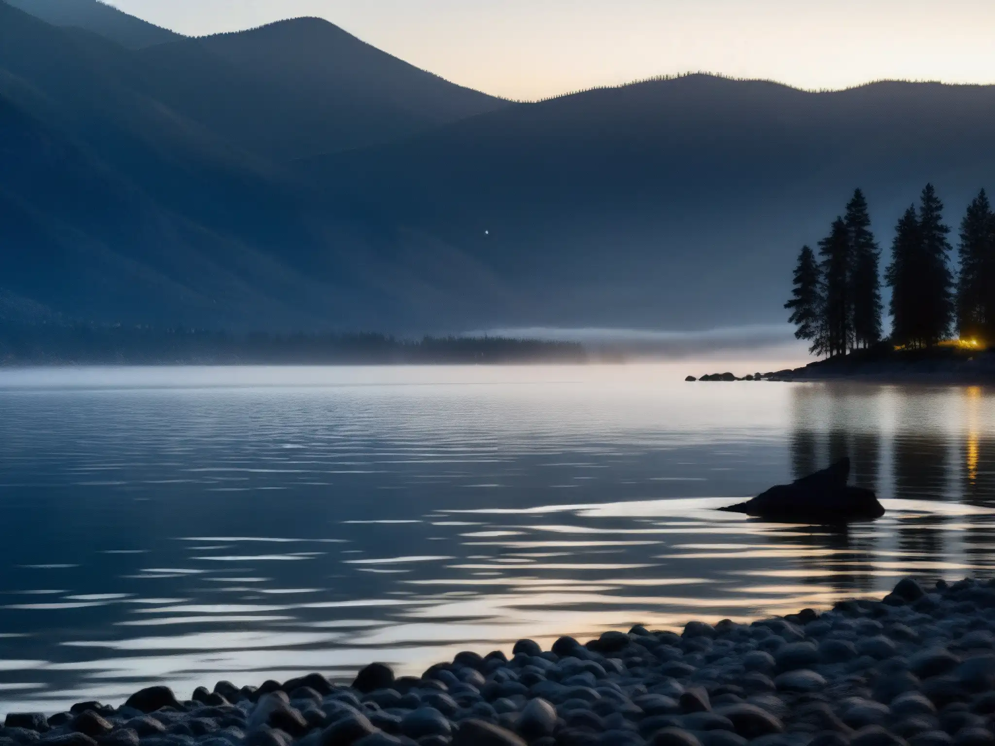 Un misterioso Okanagan Lake al anochecer, con una criatura acechando bajo el agua, creando una atmósfera enigmática