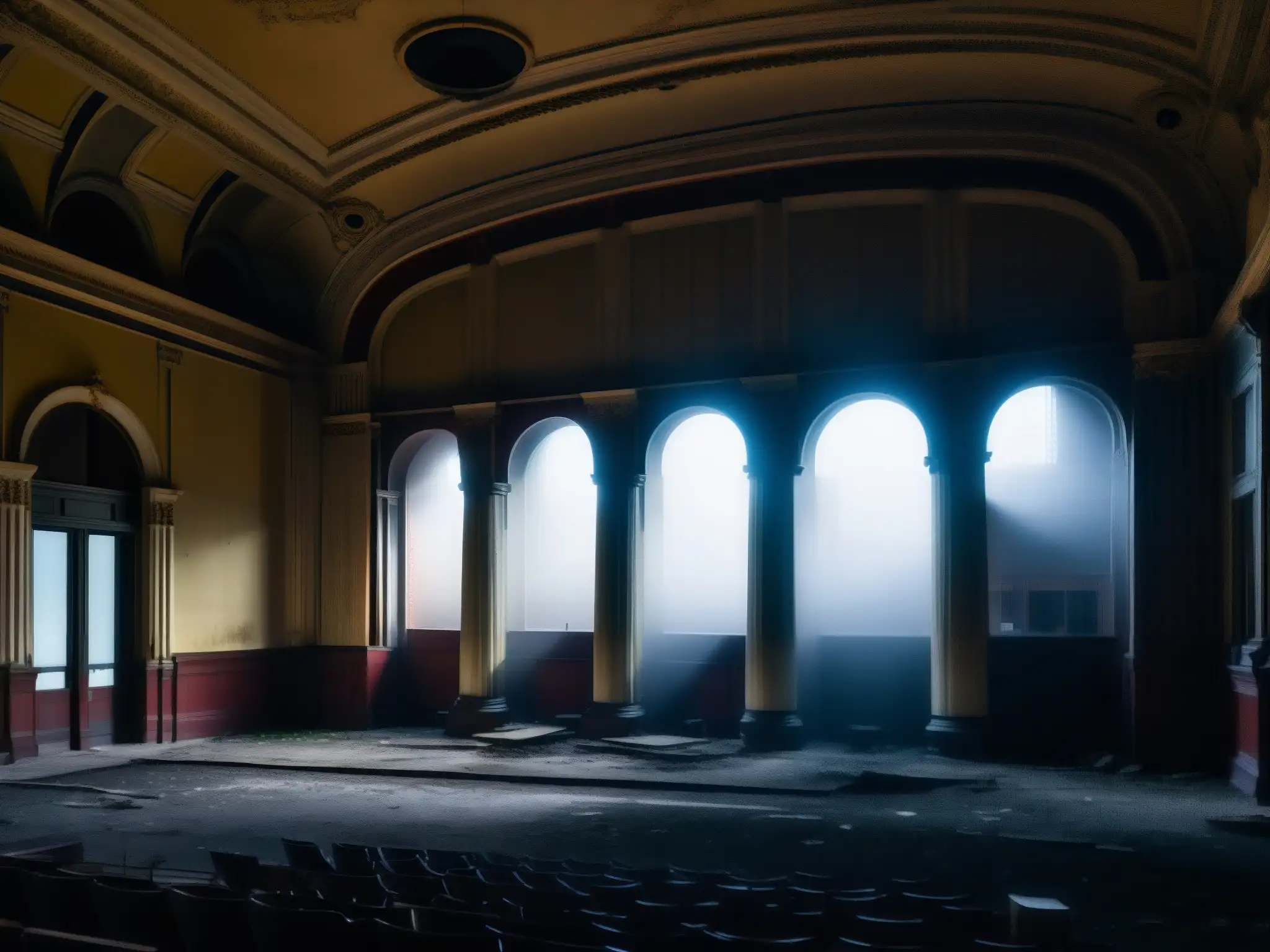 El misterioso y decadente Fantasma de la Ópera de Detroit, envuelto en niebla con la luna de fondo, evoca un aura de intriga y misterio