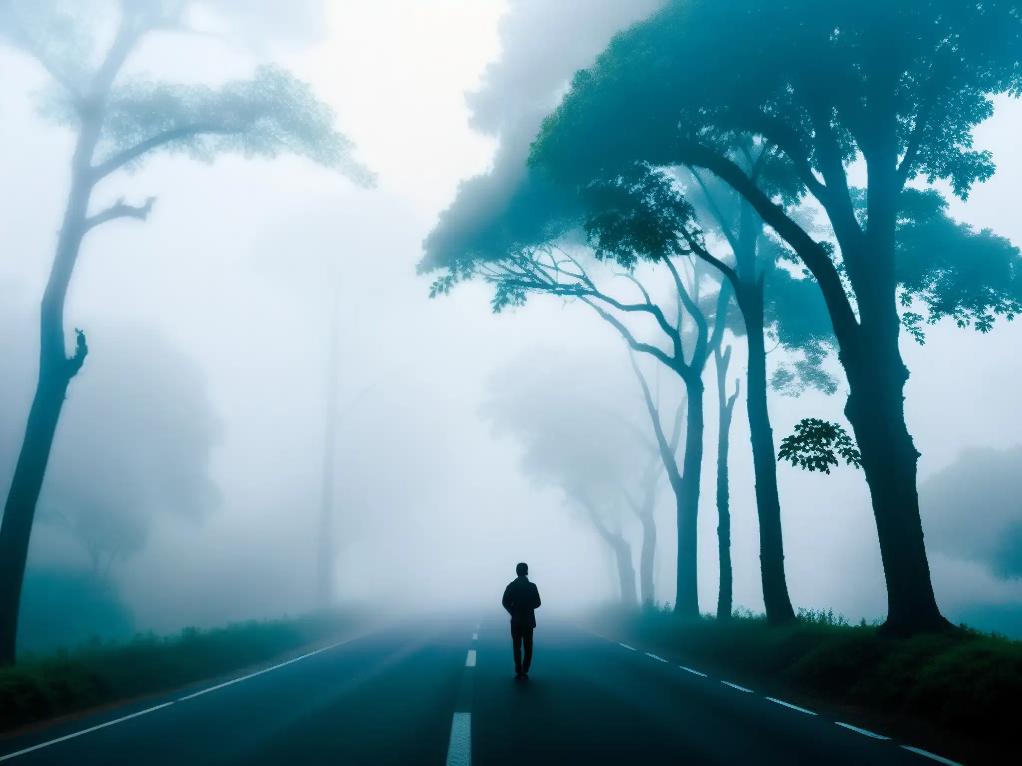 Un misterioso y denso banco de niebla cubre la Carretera de Jamshedpur, con la silueta de una figura solitaria en la distancia