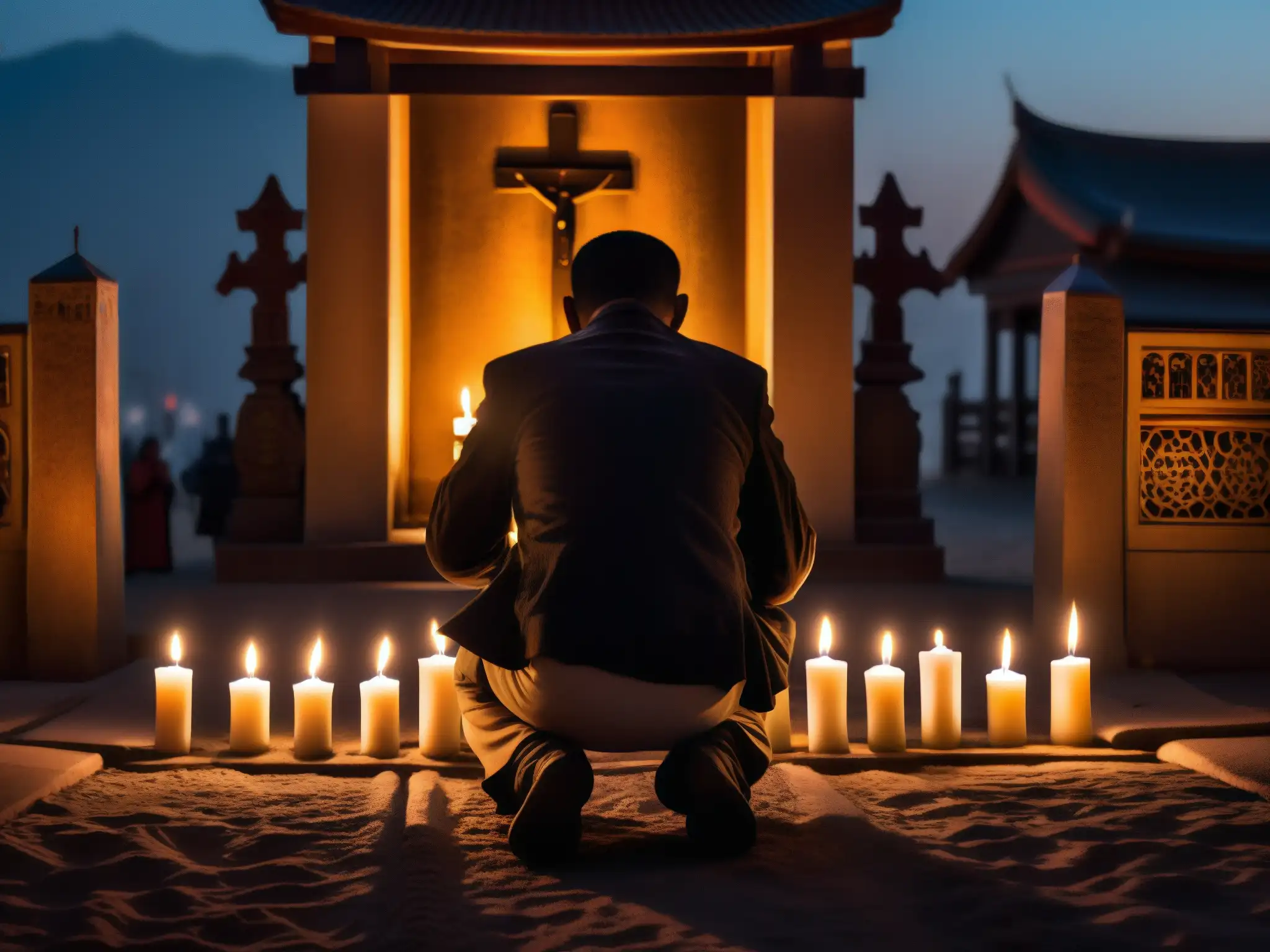 Un misterioso devoto se arrodilla ante un santuario urbano, iluminado por velas