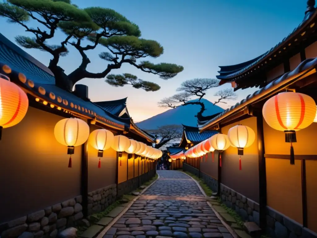 Un misterioso y encantador paisaje japonés al anochecer, con faroles de papel iluminando el camino de piedra