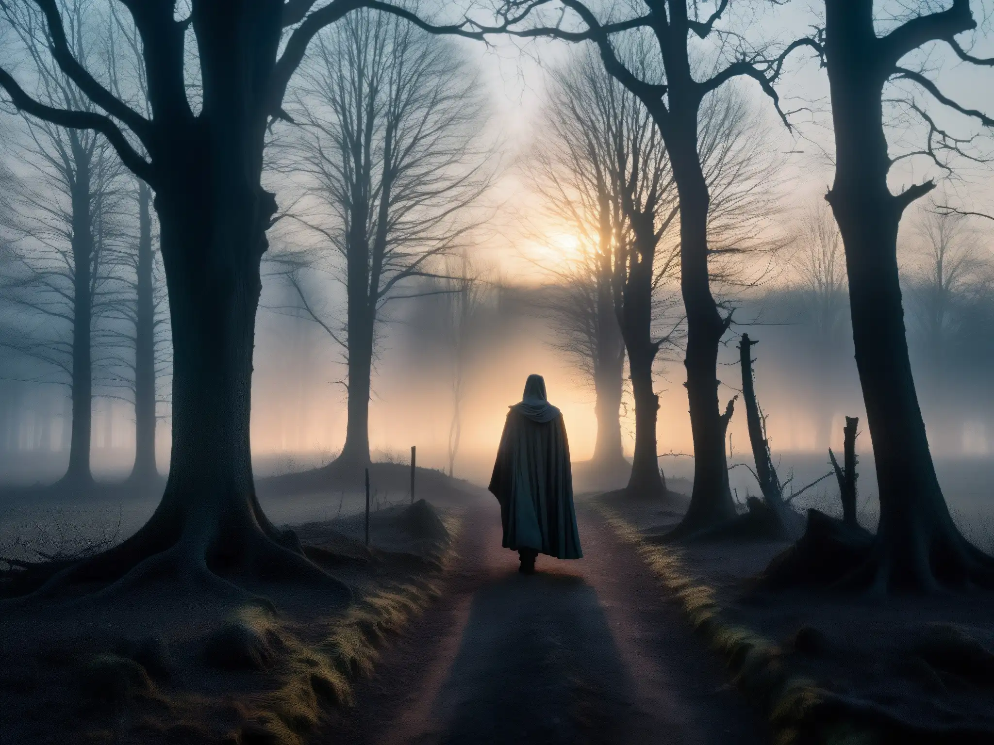 El misterioso encuentro con el Silbón en el oscuro bosque de orígenes, evoca una atmósfera inquietante