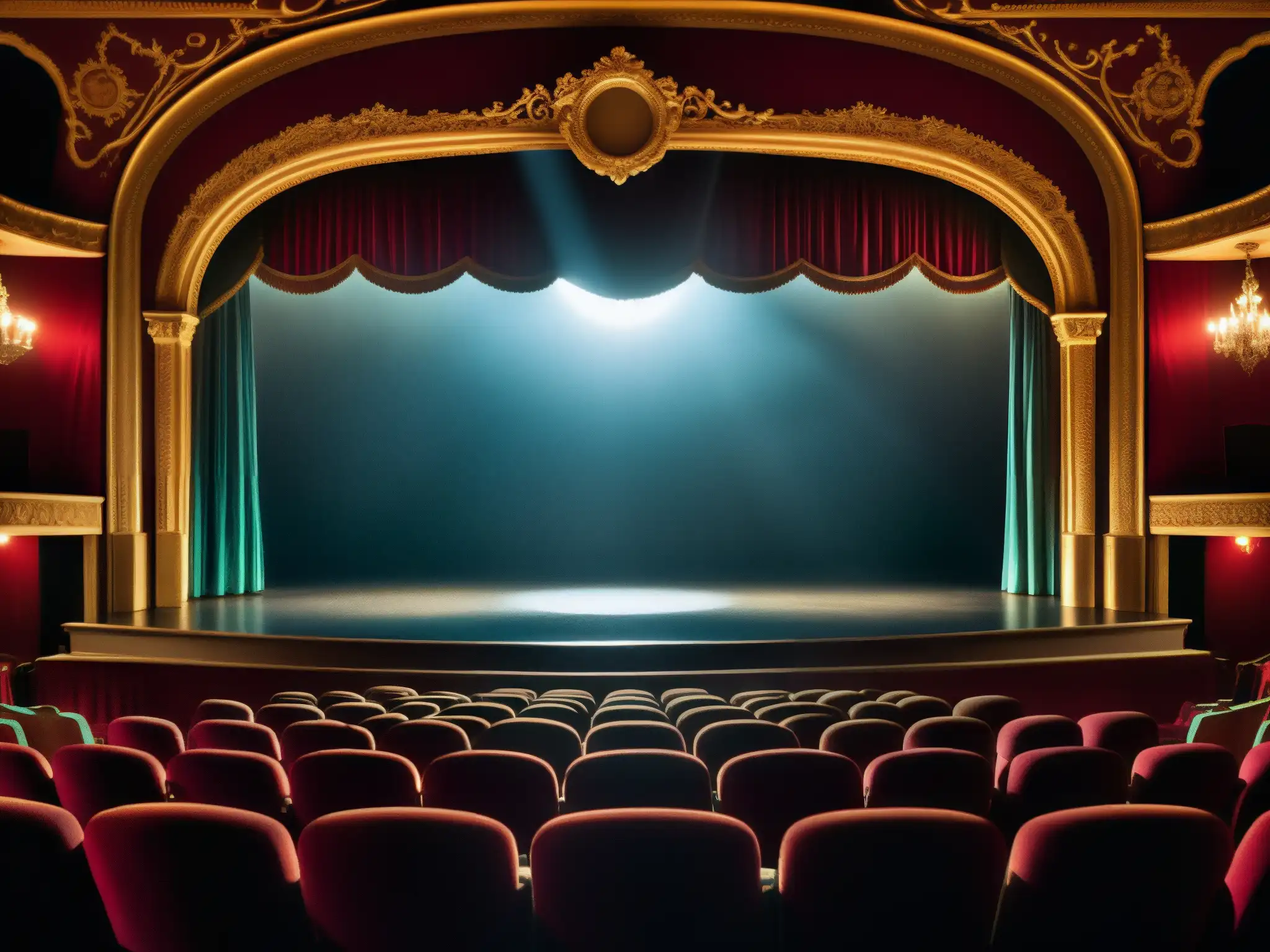 En el misterioso escenario del teatro, un espejo antiguo refleja asientos vacíos