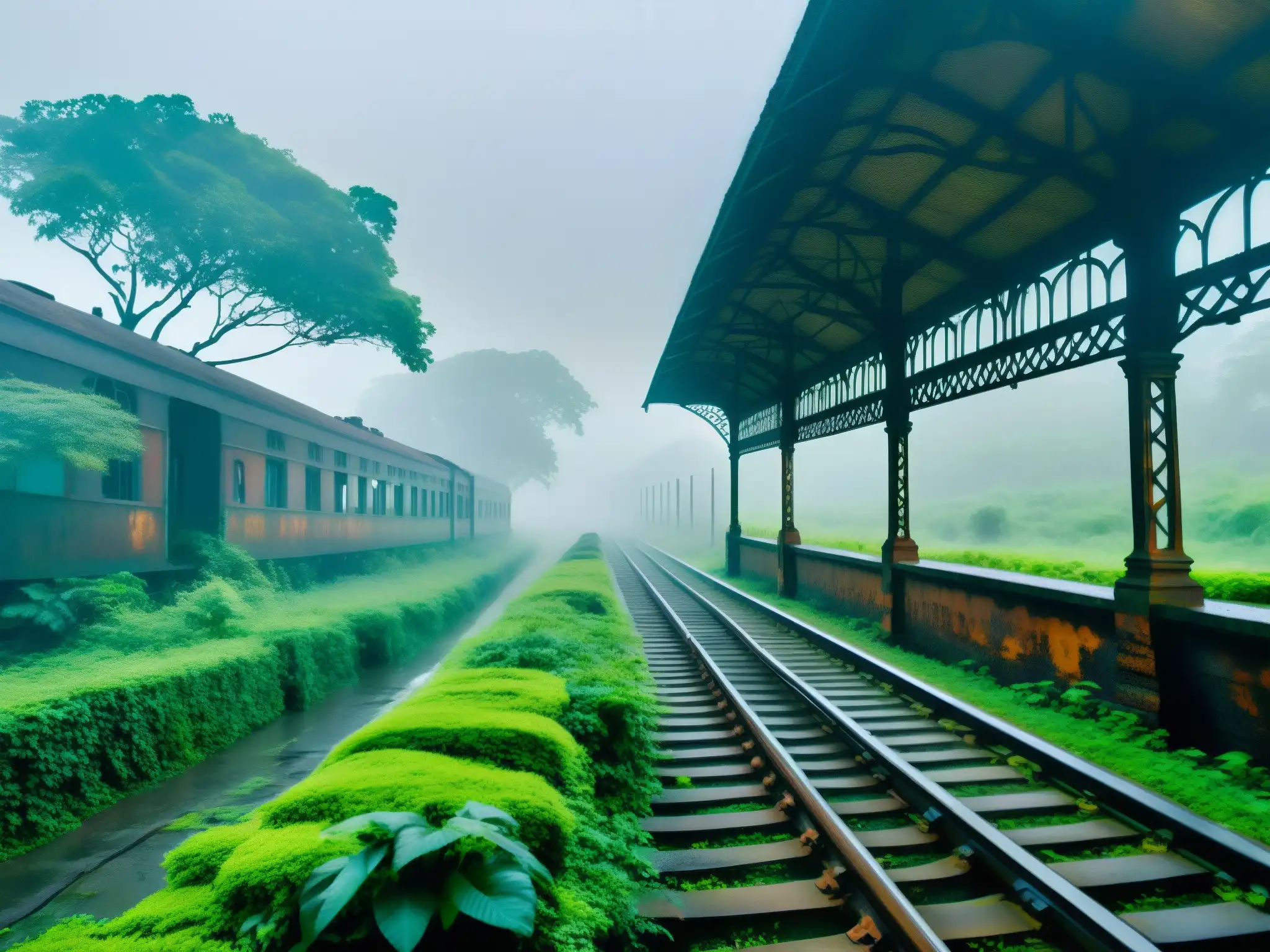 Un misterioso y evocador paisaje de la estación de tren abandonada en la remota jungla de Bengal, India