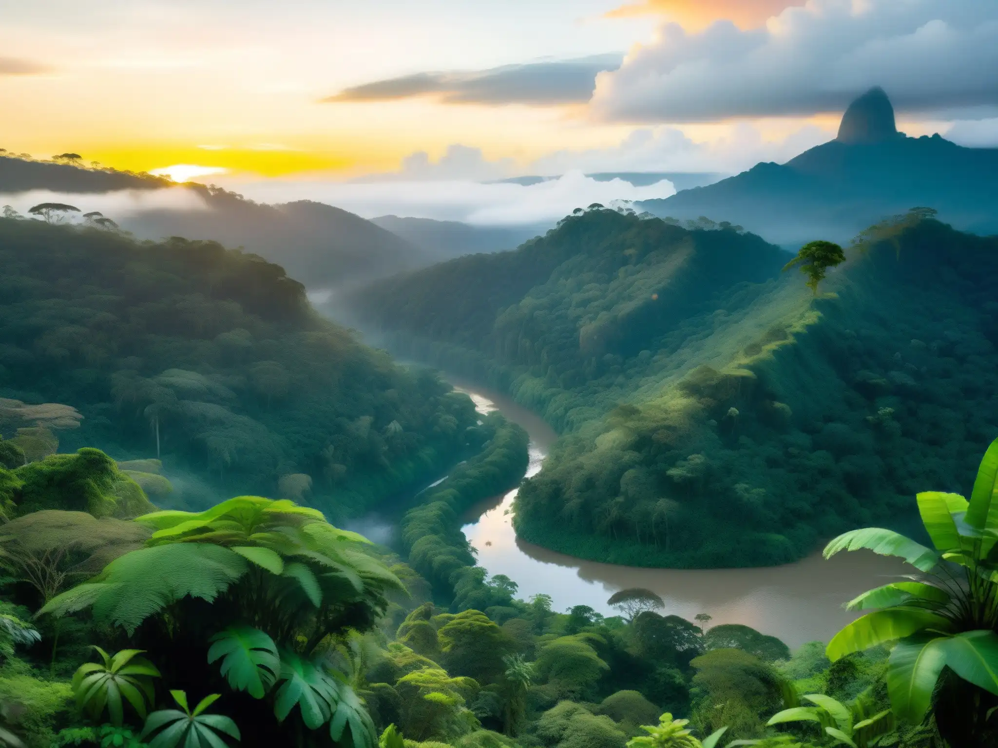 El misterioso y exuberante bosque colombiano al atardecer, reflejando La Tunda folclore Colombiano