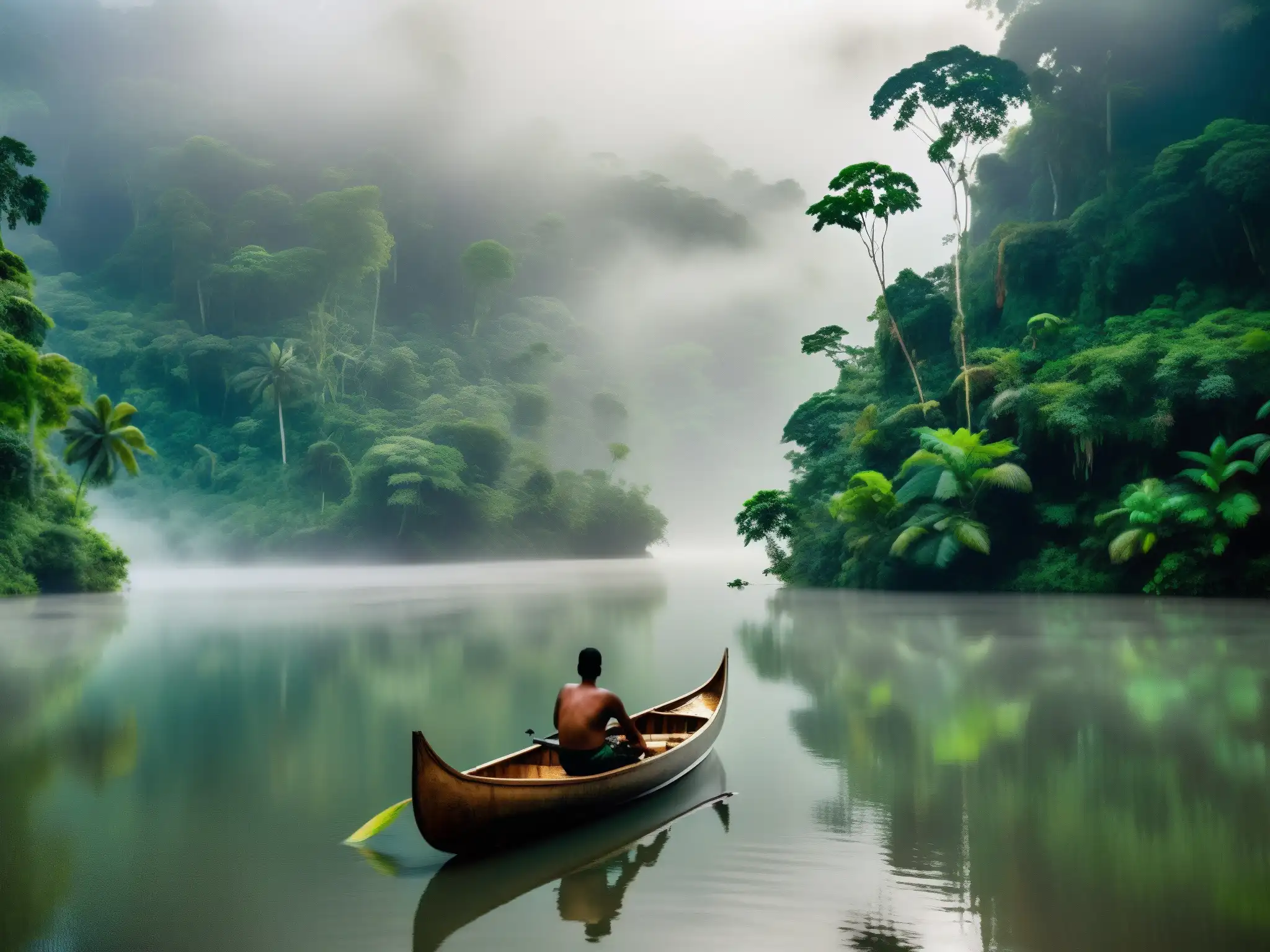 El río Amazonas serpentea misterioso entre la exuberante selva, reflejando la leyenda de La Madre del Agua en el Amazonas