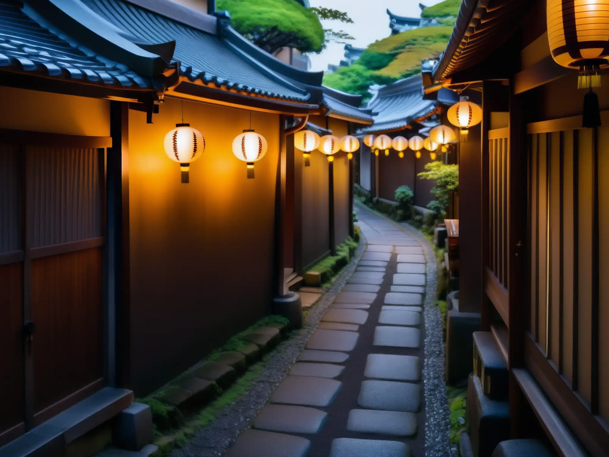 Alley misterioso en Tokyo con farol japonés iluminando el camino de adoquines