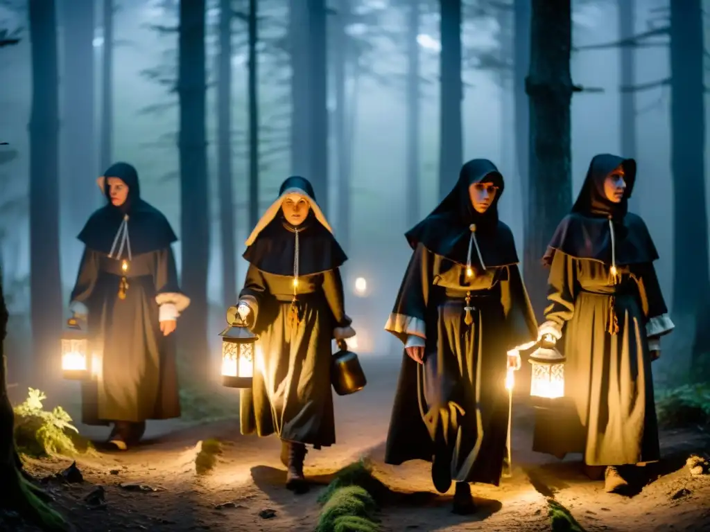 Un misterioso grupo camina en un bosque neblinoso llevando velas