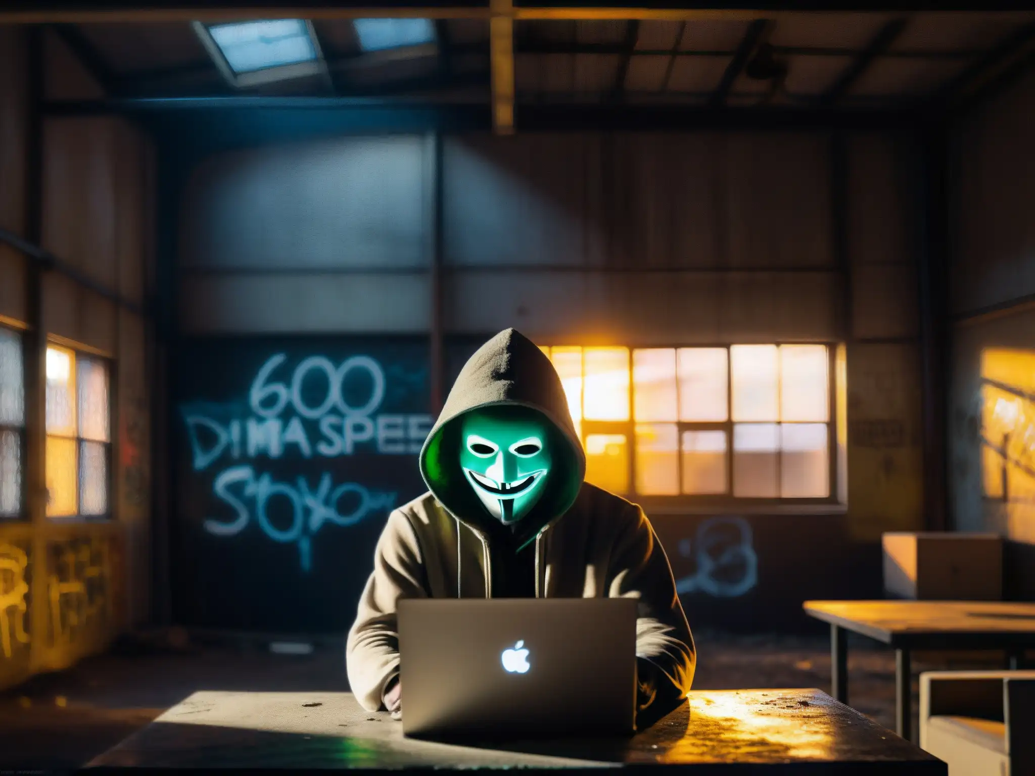 Un misterioso hacker en una fábrica abandonada, con grafitis y ventanas rotas, crea una atmósfera urbana fantasmagórica