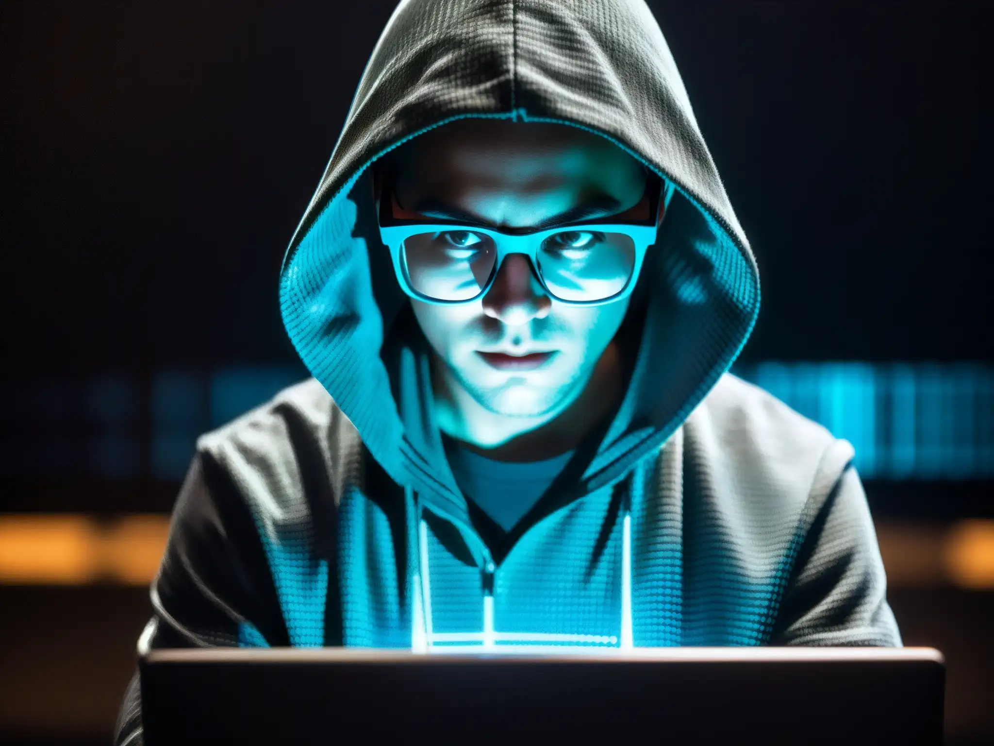 Un misterioso hacker trabaja frente a la pantalla, reflejando líneas de código en sus lentes en una habitación tenue