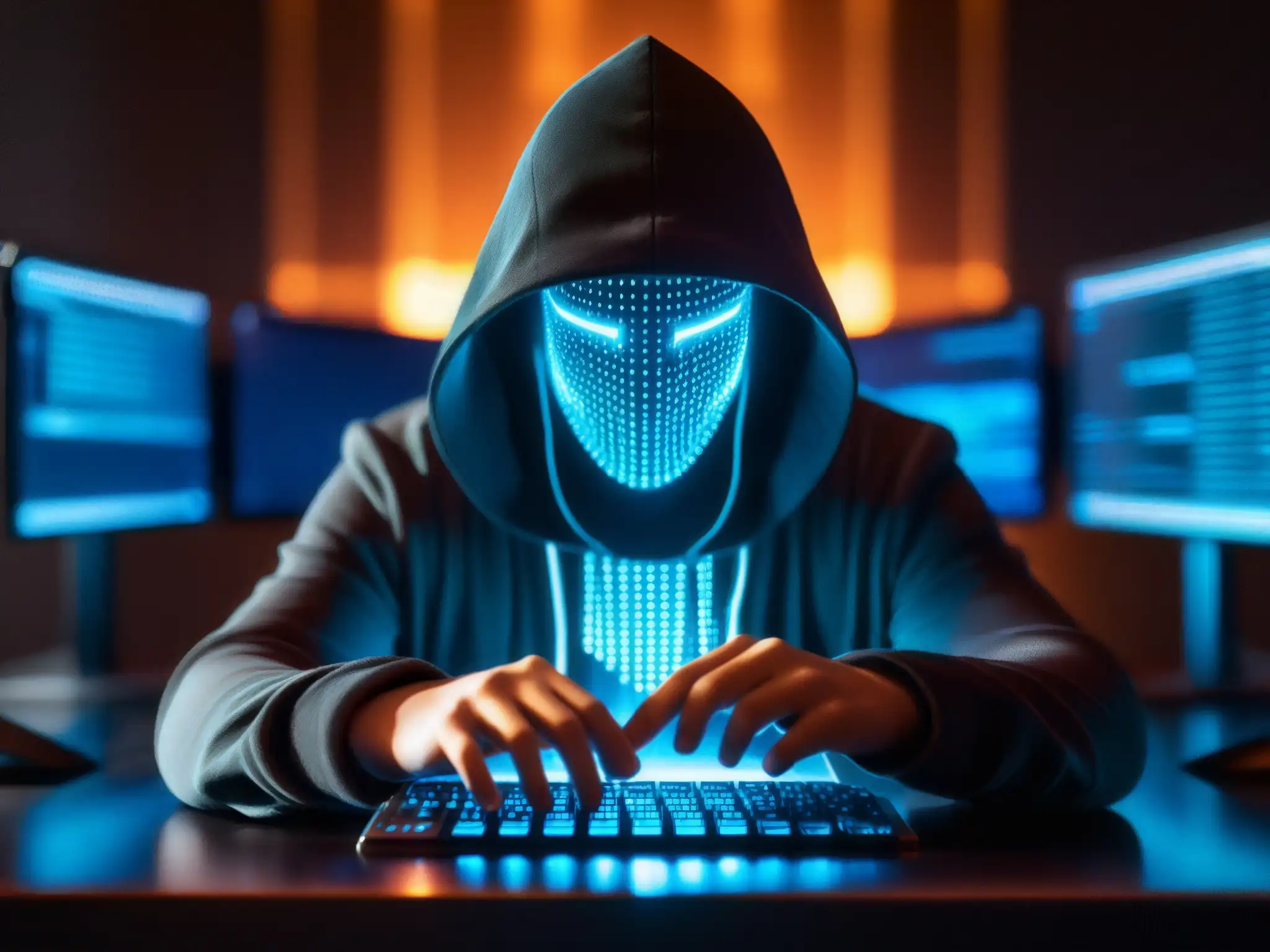 Un misterioso hacker, iluminado por pantallas de computadora, teclea con intensa concentración