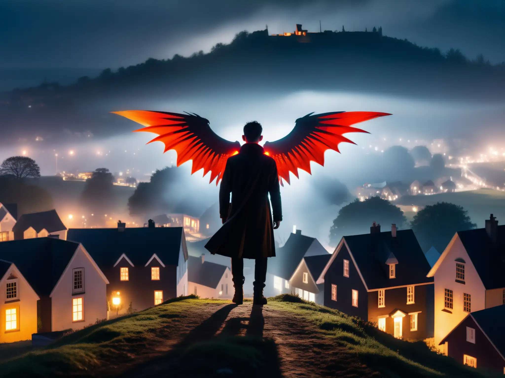 Un misterioso Hombre Polilla con alas insectoides observa un pueblo de noche, creando una atmósfera de terror nocturno