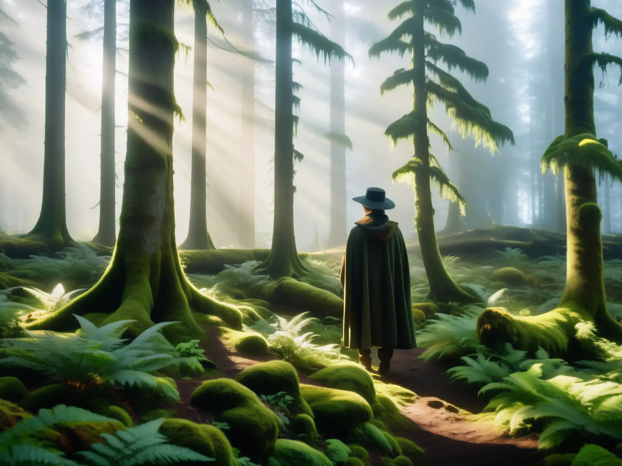 Misterioso Hombre del Bosque Sueco entre árboles antiguos, musgo y neblina, creando un aura de misterio
