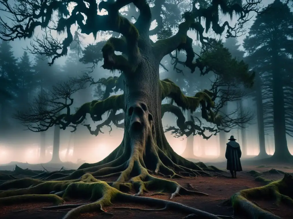 Misterioso Hombre del Bosque Sueco entre árboles antiguos y niebla densa al atardecer