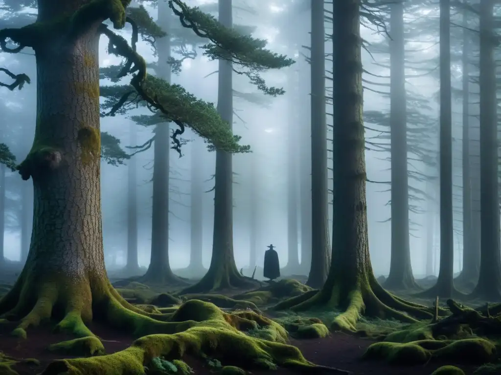 Misterioso Hombre del Bosque Sueco entre árboles ancestrales y neblina, en un escenario de intriga y fascinación sobrenatural