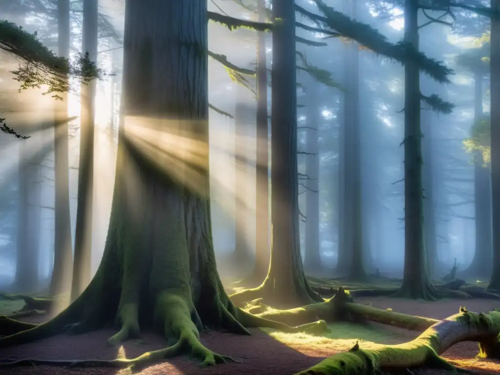 Misterioso Hombre del Bosque Sueco desaparece entre árboles antiguos en la bruma dorada del amanecer