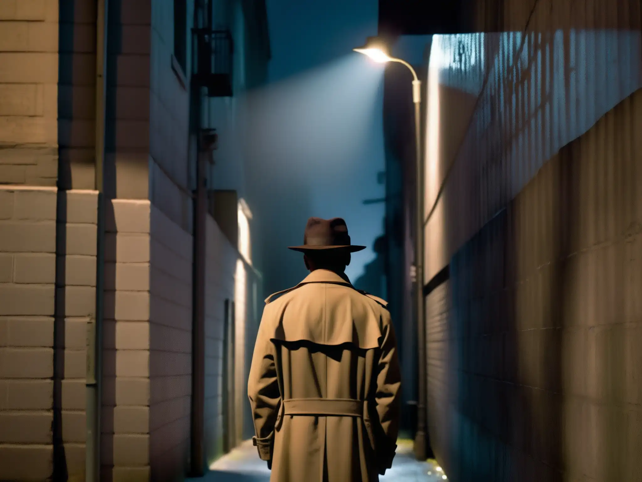 Un misterioso Hombre de Negro en un callejón nocturno, bajo la luz tenue de una farola, evocando la leyenda urbana