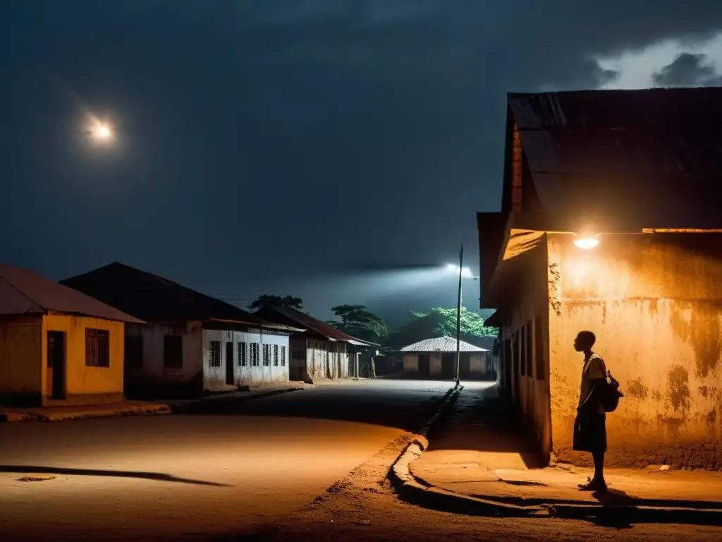 Un misterioso hombre sin rostro en una esquina oscura de Liberia, bajo la luz titilante