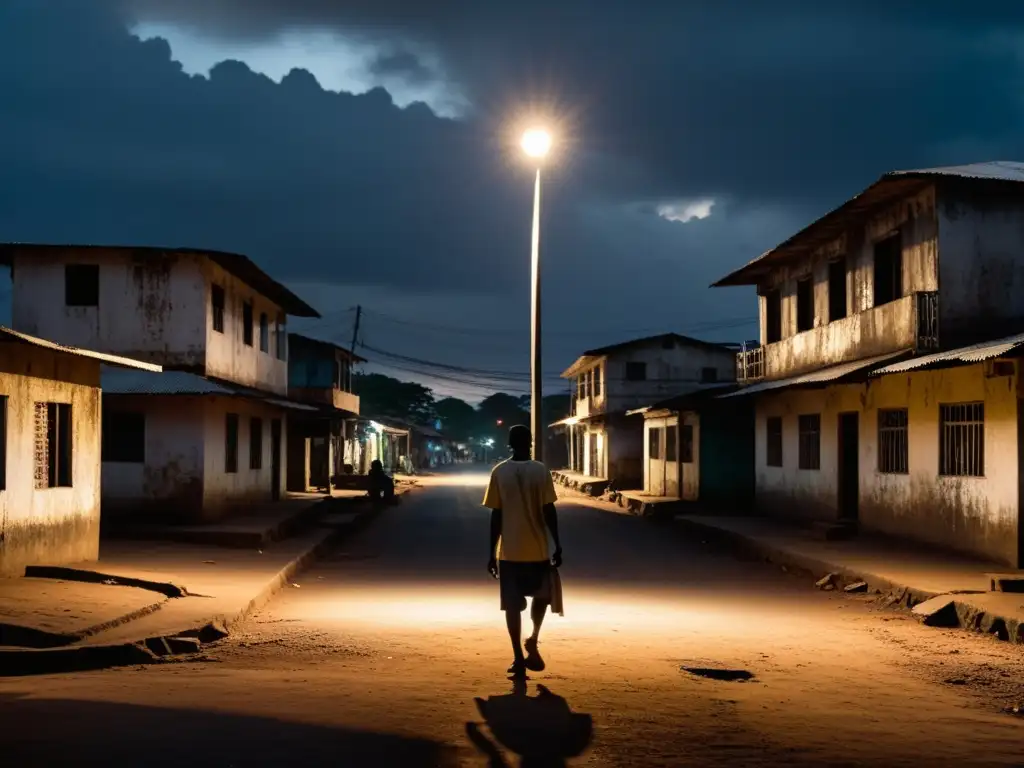 Un misterioso hombre sin rostro bajo la luz de la calle en Liberia, evocando leyendas urbanas hombre sin rostro en una escena lúgubre y desolada