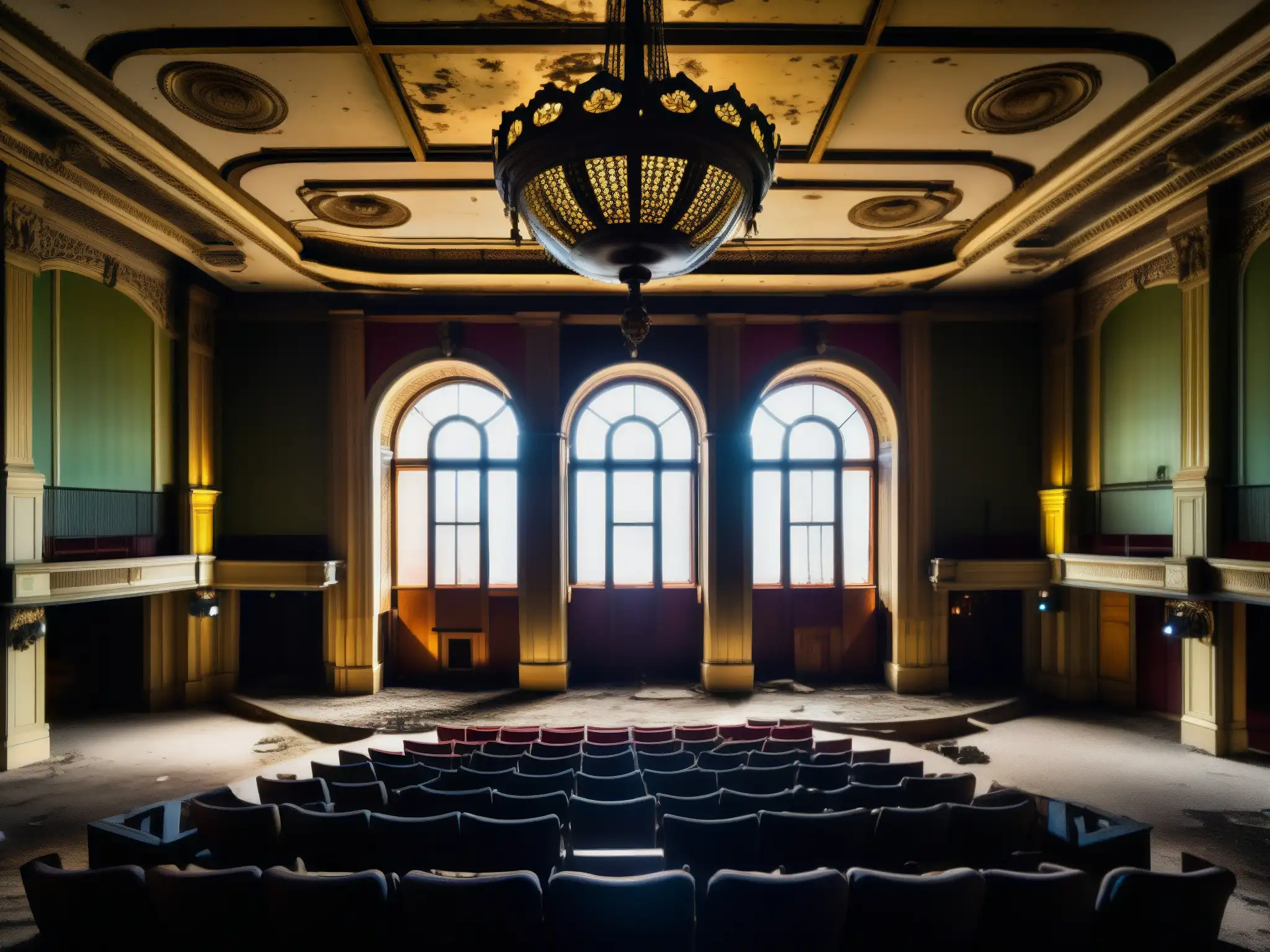 Explora el misterioso interior abandonado de la Ópera de Detroit, con su arquitectura grandiosa y decadente, capturando un ambiente fantasmal