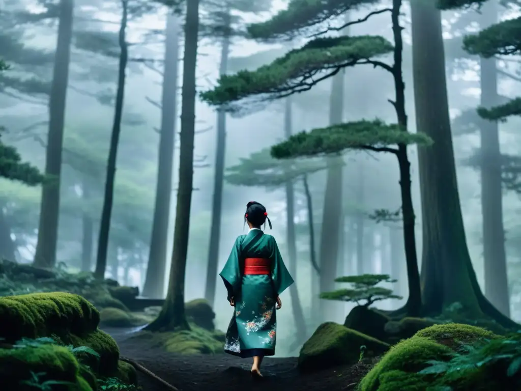 Misterioso bosque japonés con mujer en kimono, evocando la mitología de las AmeOnna