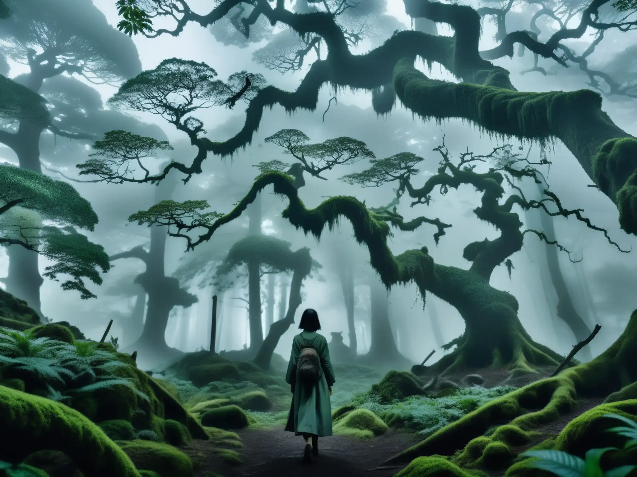 Misterioso bosque japonés con neblina y la Jorogumo, leyenda araña mujer Japón, evocando una atmósfera inquietante