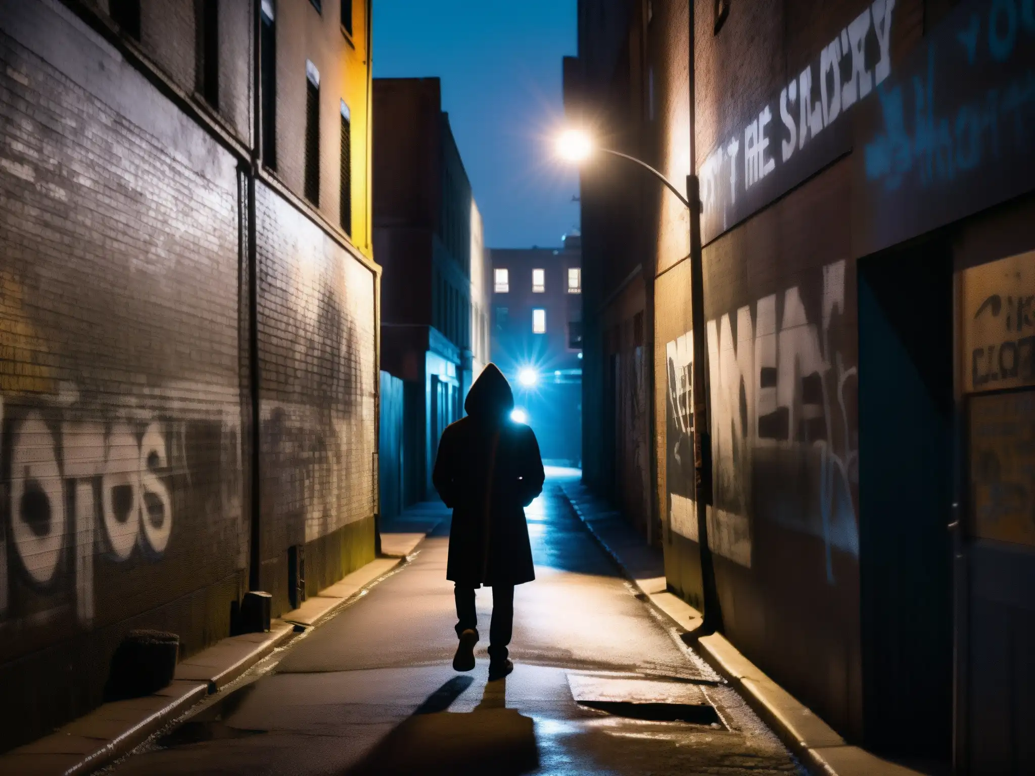 Un misterioso justiciero en un callejón urbano de noche