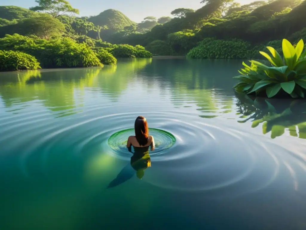 Un misterioso lago rodeado de exuberante vegetación, con la luz del sol bañando el agua