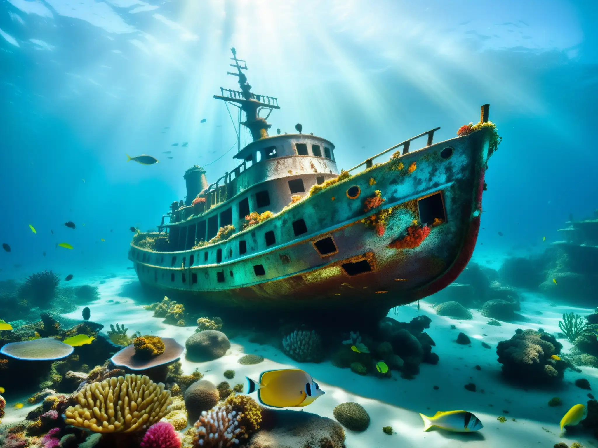 Un misterioso naufragio descansa en el lecho marino, cubierto de coral y rodeado de peces brillantes