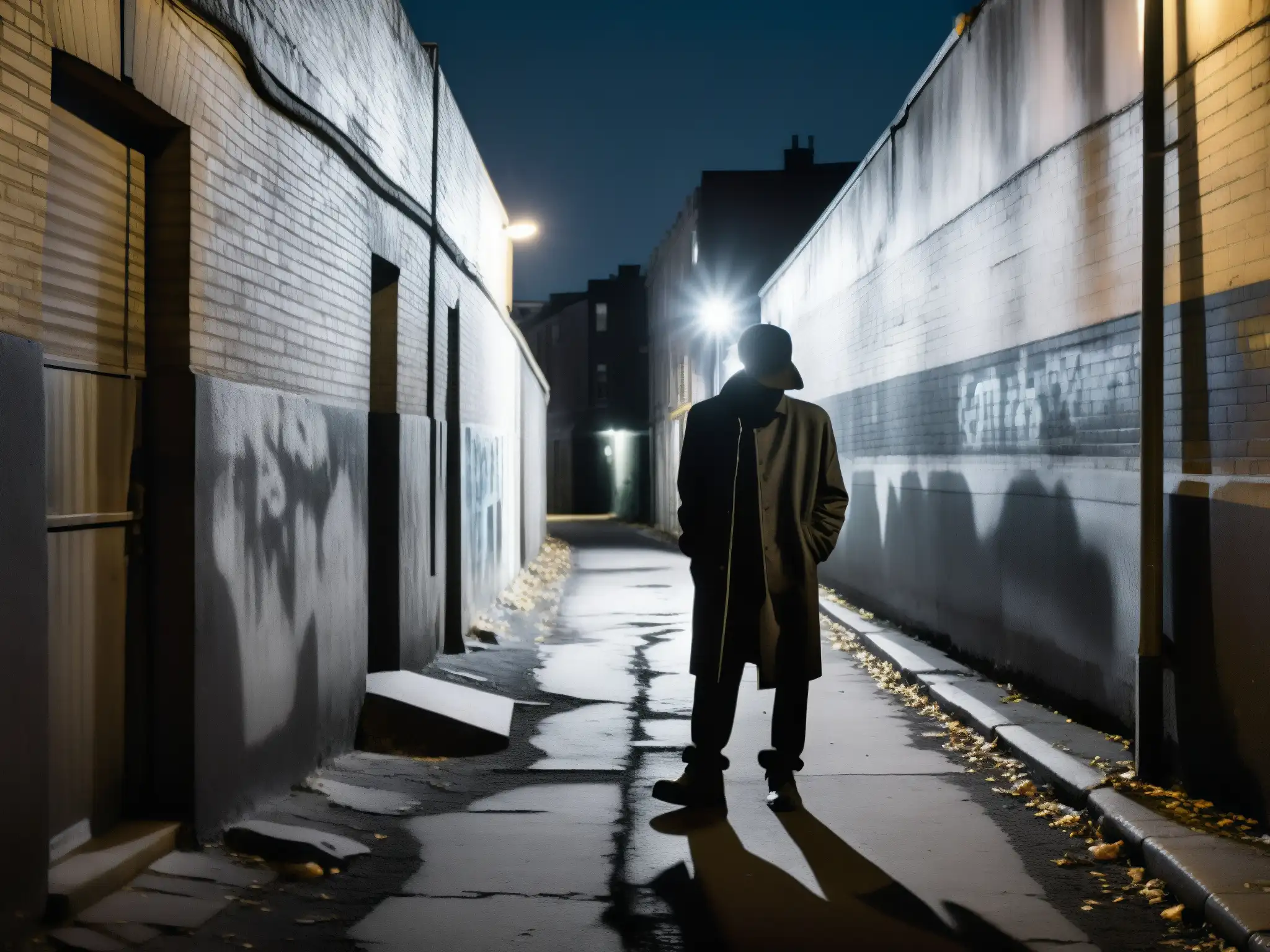 Alley misterioso de noche con luces tenues y figuras fantasmales