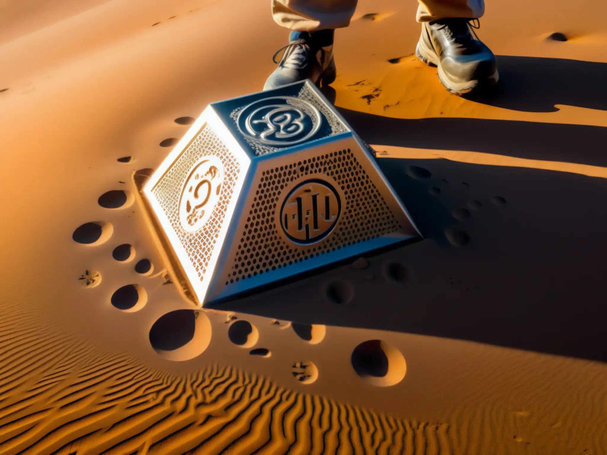 Un misterioso objeto metálico enterrado en la arena del desierto, rodeado de investigadores con trajes protectores