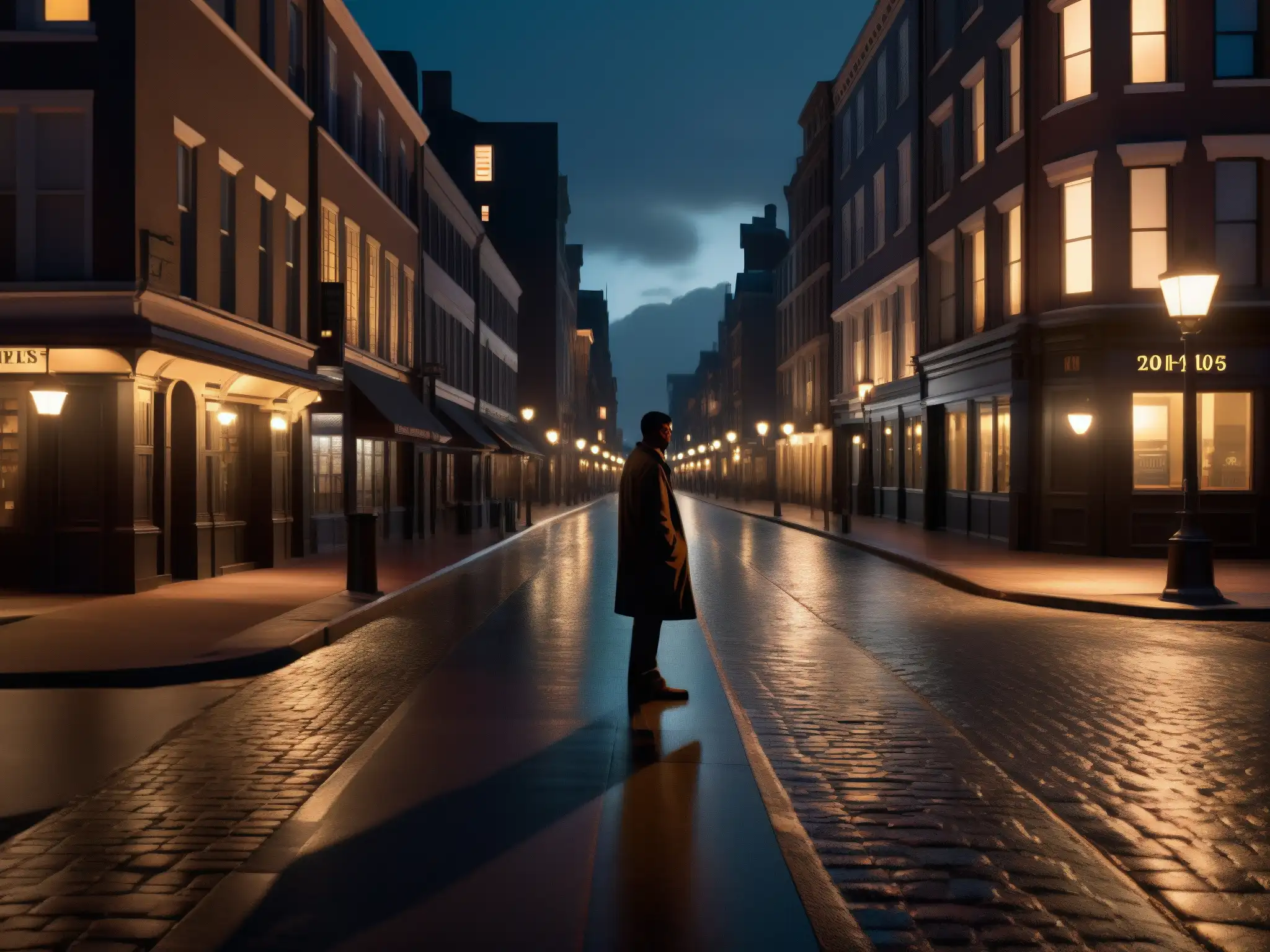 Un misterioso y ominoso callejón urbano de noche, con figuras y sombras que crean una atmósfera inquietante