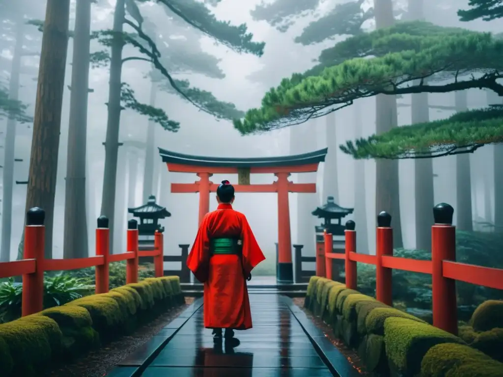 Un misterioso paisaje de un bosque cubierto de niebla en Japón, con un santuario Shinto y una figura en kimono sosteniendo a un perro espectral