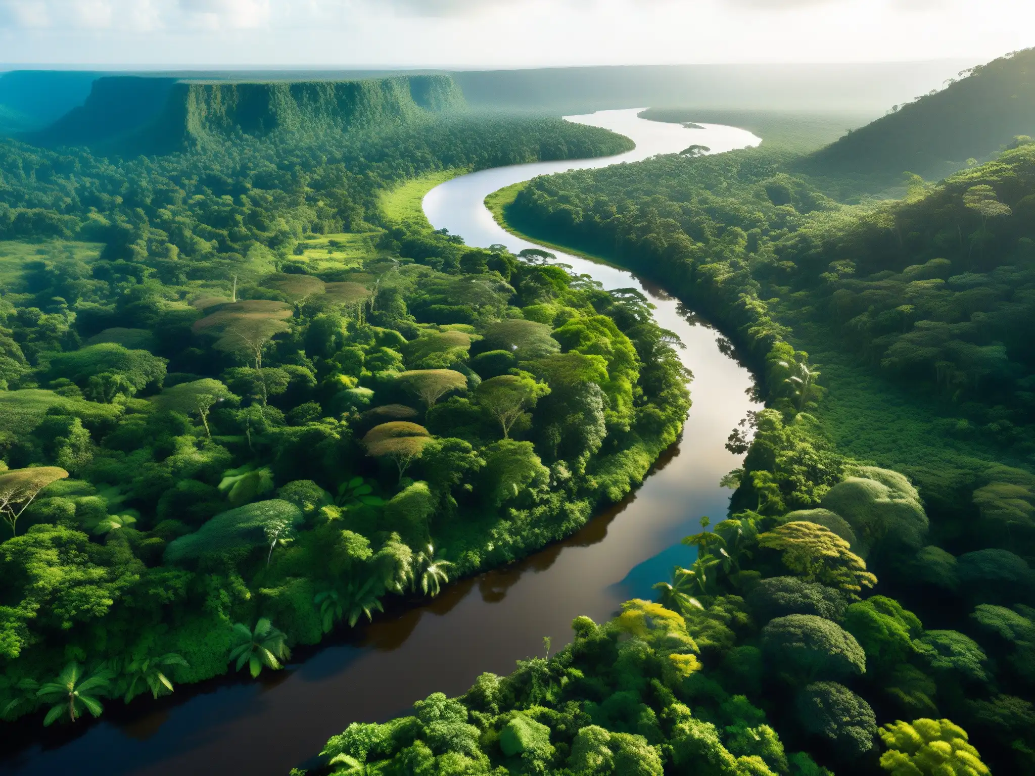Misterioso paisaje de la densa selva amazónica con río serpenteante