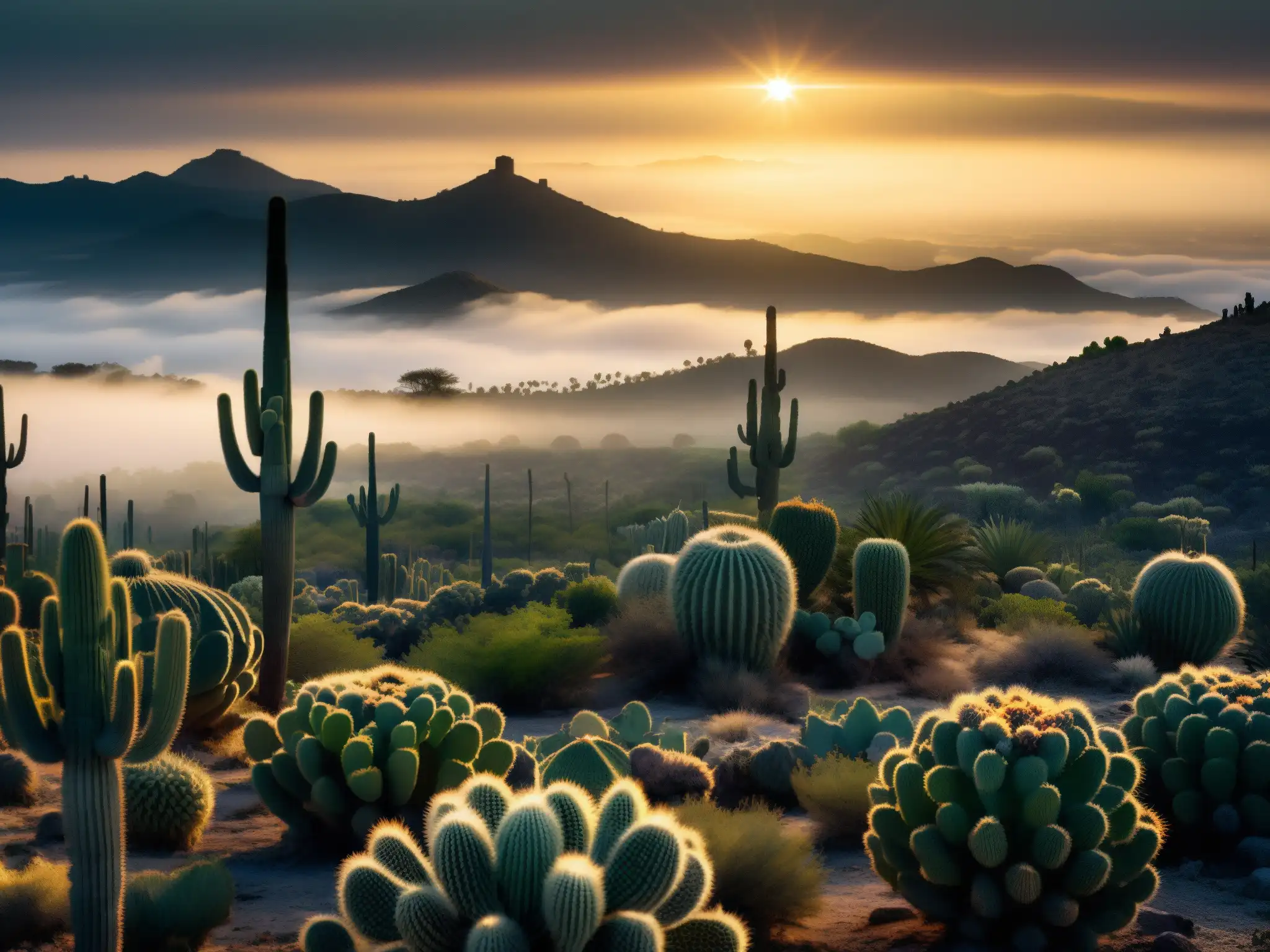 Misterioso paisaje de la Zona del Silencio en México, con cactus y desierto envueltos en niebla, evocando un aura de misterio y desolación