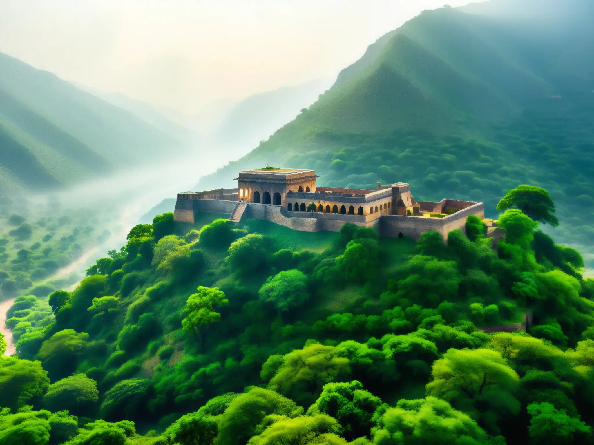 Misterioso palacio Bhangarh: ruinas antiguas envueltas en neblina y misterio, con un aura enigmática