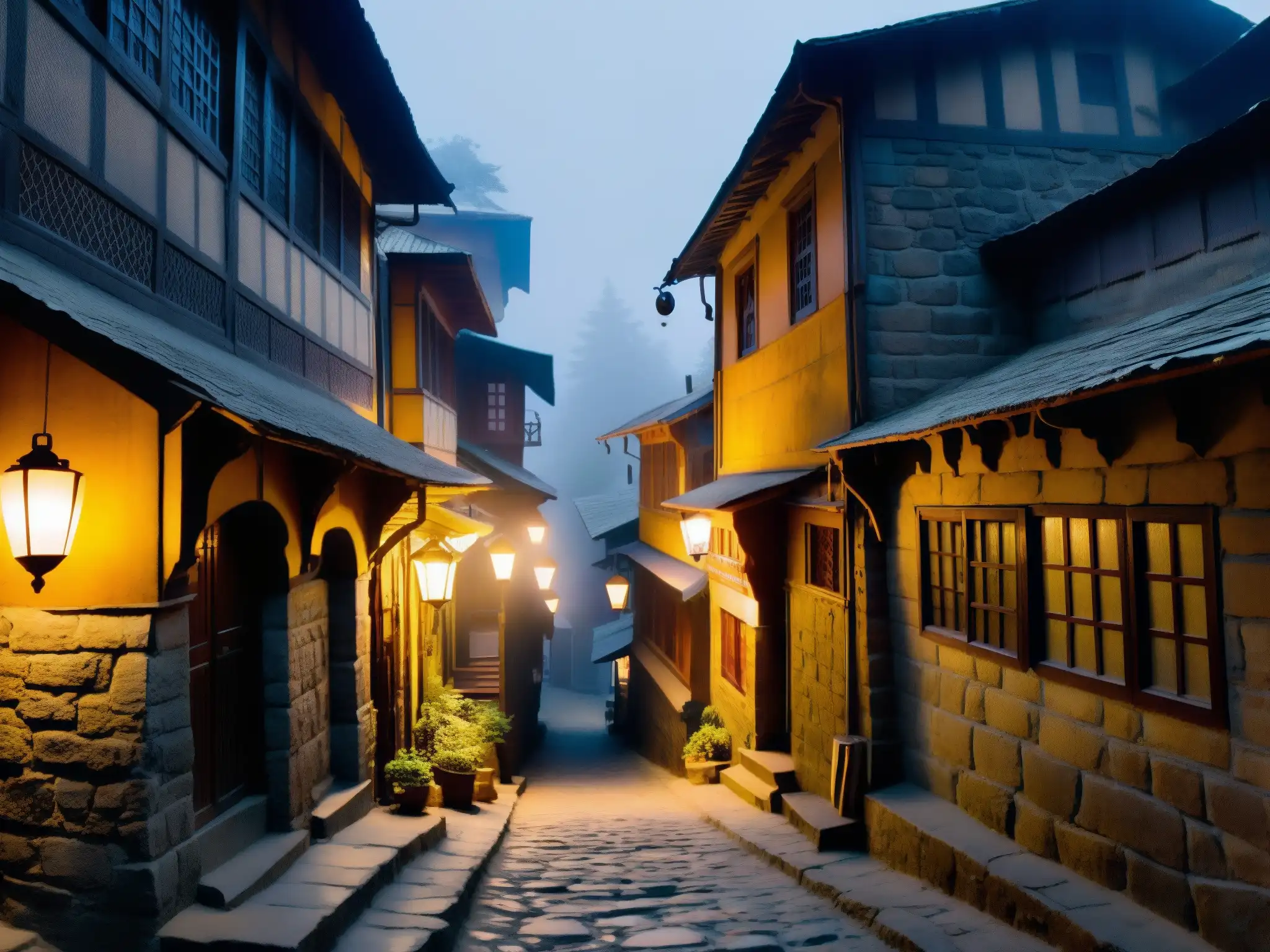 Un misterioso Pasaje de los Lamentos en Shimla: un estrecho callejón iluminado por tenues faroles, envuelto en neblina y rodeado de antiguos edificios