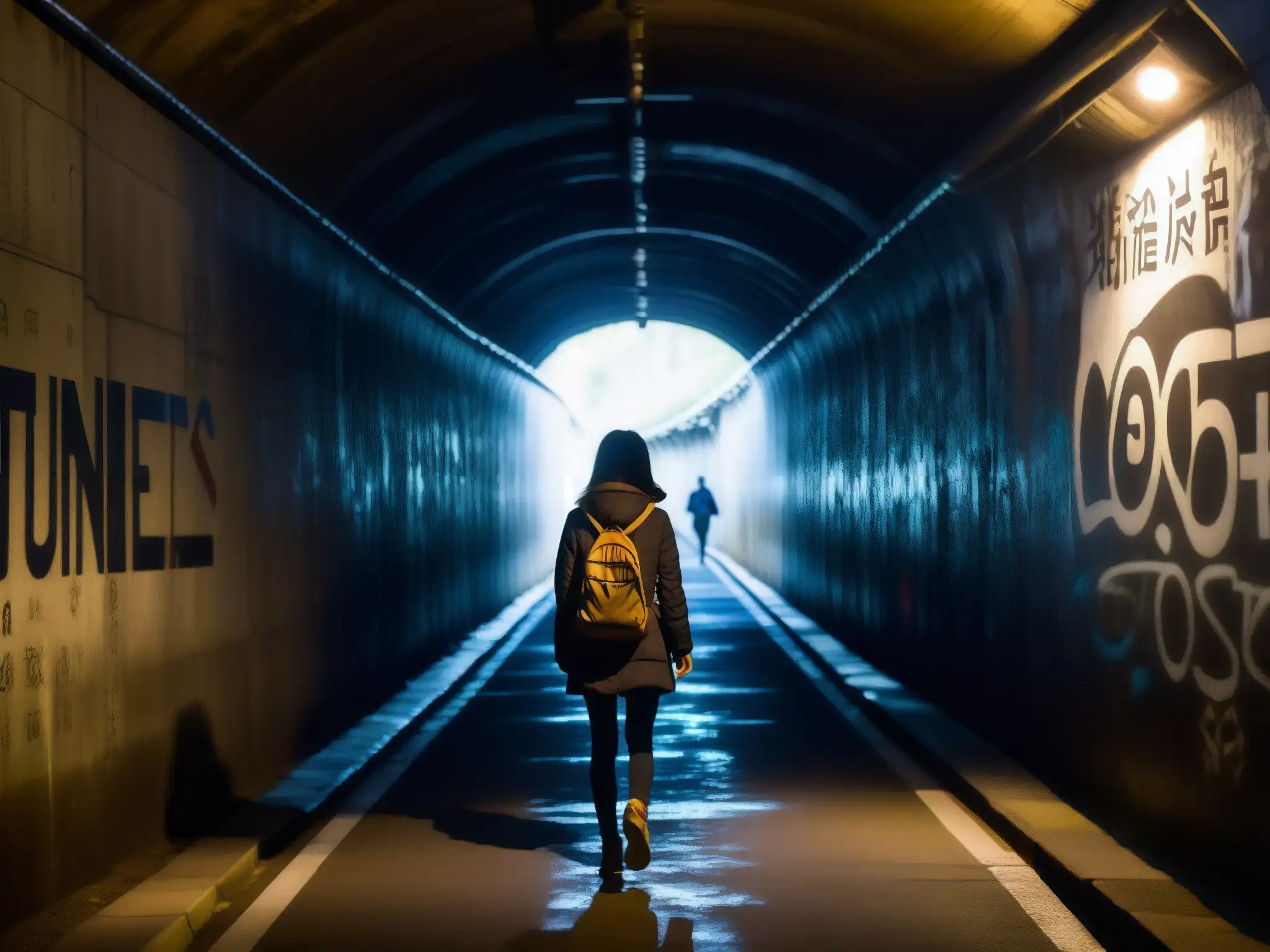 Un misterioso pasaje nocturno por el Túnel de Yamate, con grafitis de la legendaria Mujer del Túnel, y una figura solitaria entre sombras