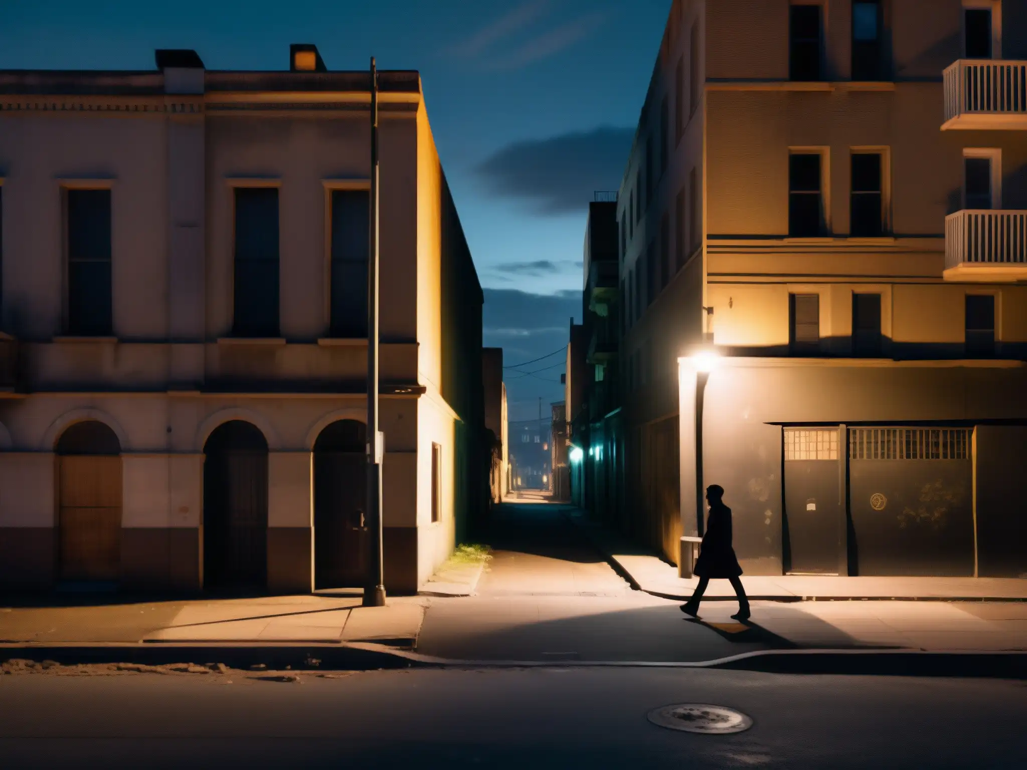 Un misterioso paseo nocturno por una calle solitaria de la ciudad, envuelto en sombras y misterio