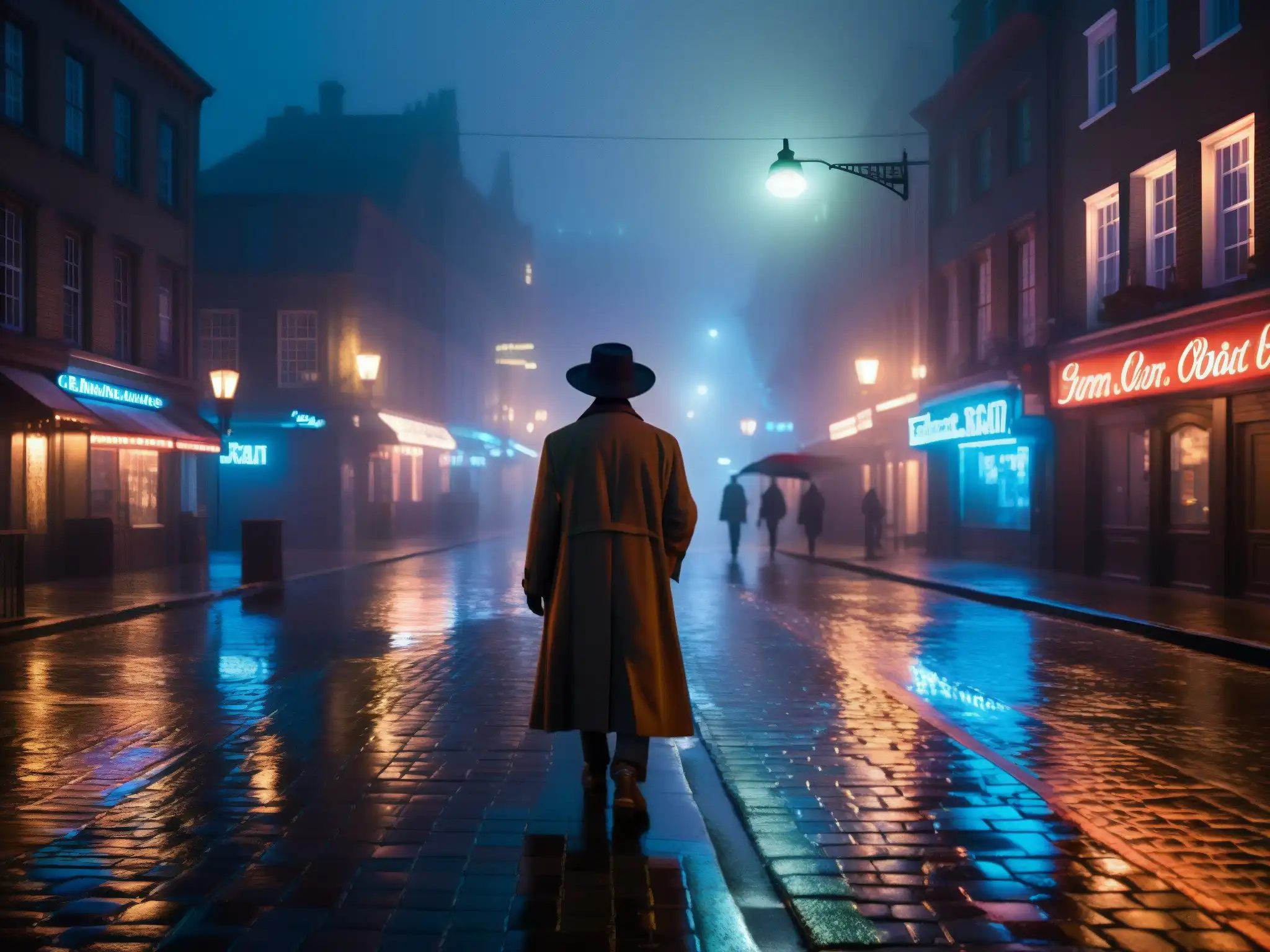 Un misterioso paseo nocturno por la ciudad envuelta en neblina, evocando enigma y leyendas urbanas