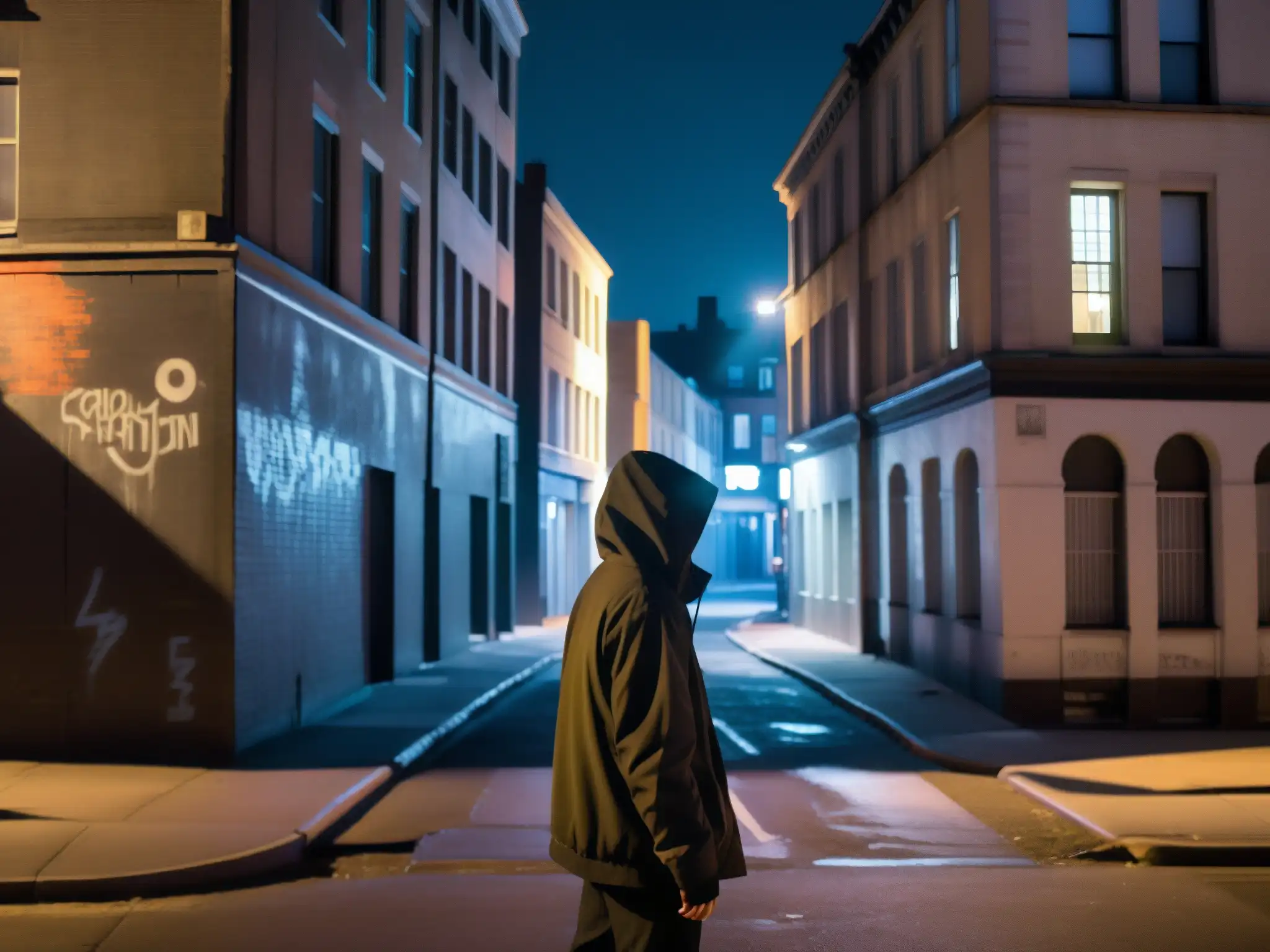 Un misterioso paseo nocturno por la ciudad, con sombras y grafitis