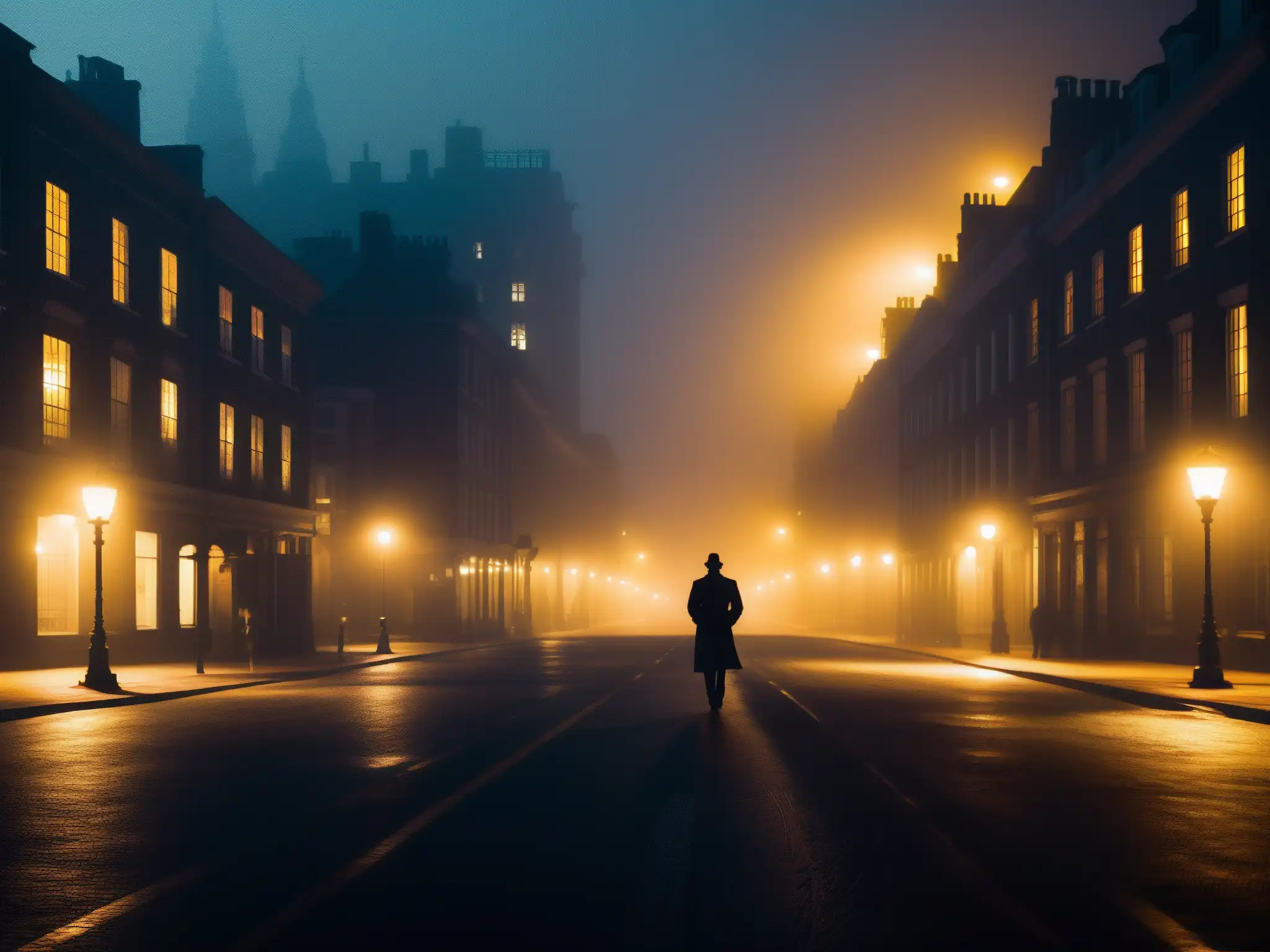 Un misterioso paseo nocturno por la ciudad entre la neblina, evocando la necesidad enigma leyendas urbanas