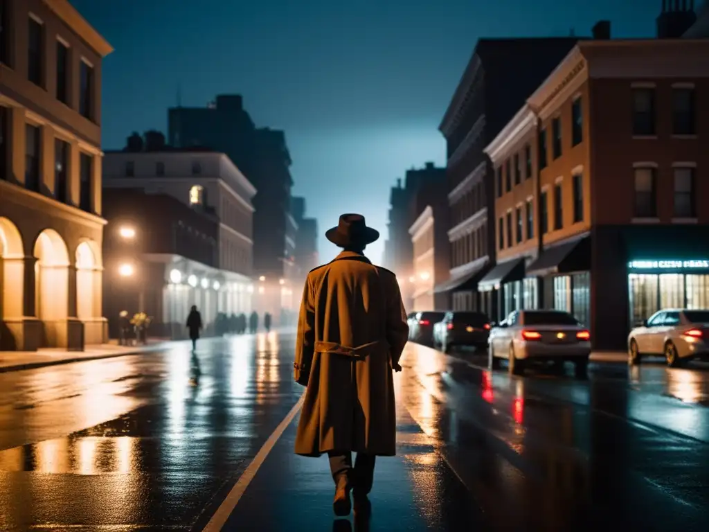Un misterioso paseo nocturno por la ciudad entre sombras y luces, evocando historias urbanas de comunicación con espíritus