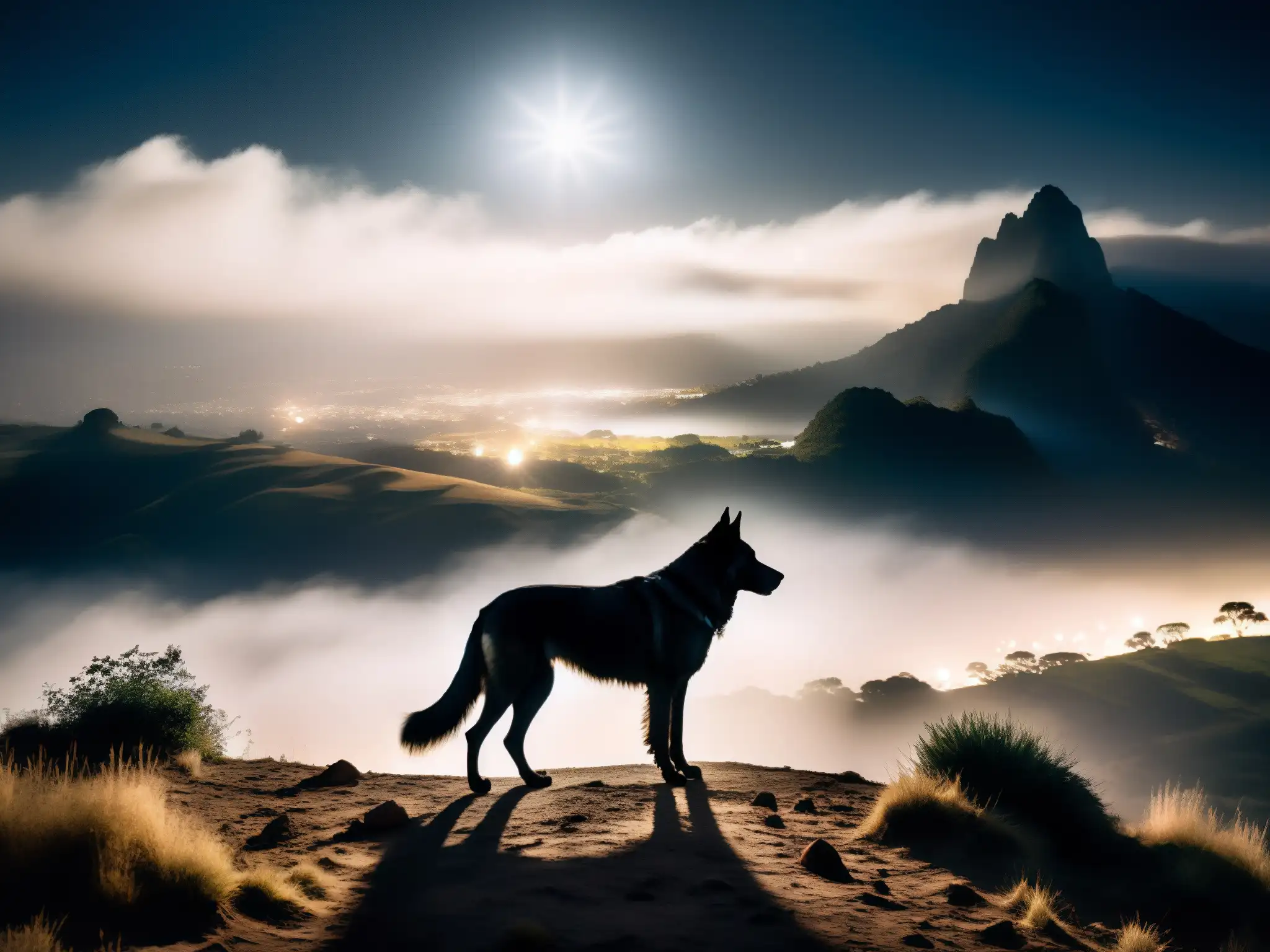 Un misterioso perro negro se alza bajo la luna en un paisaje sudamericano, exudando una presencia sobrenatural
