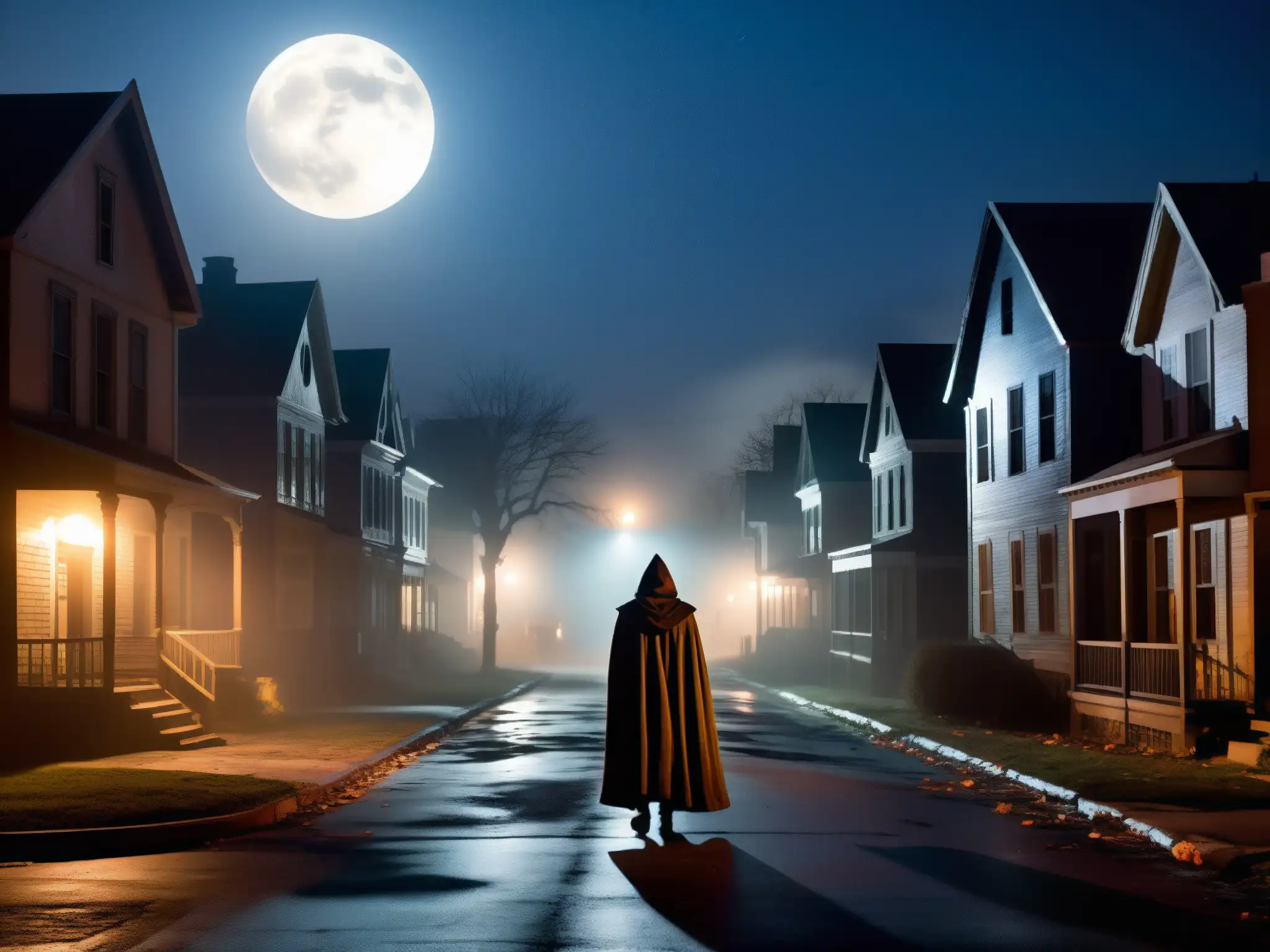 Un misterioso personaje enmascarado acecha una calle sombría en la noche de Halloween, evocando la psicología de leyendas urbanas
